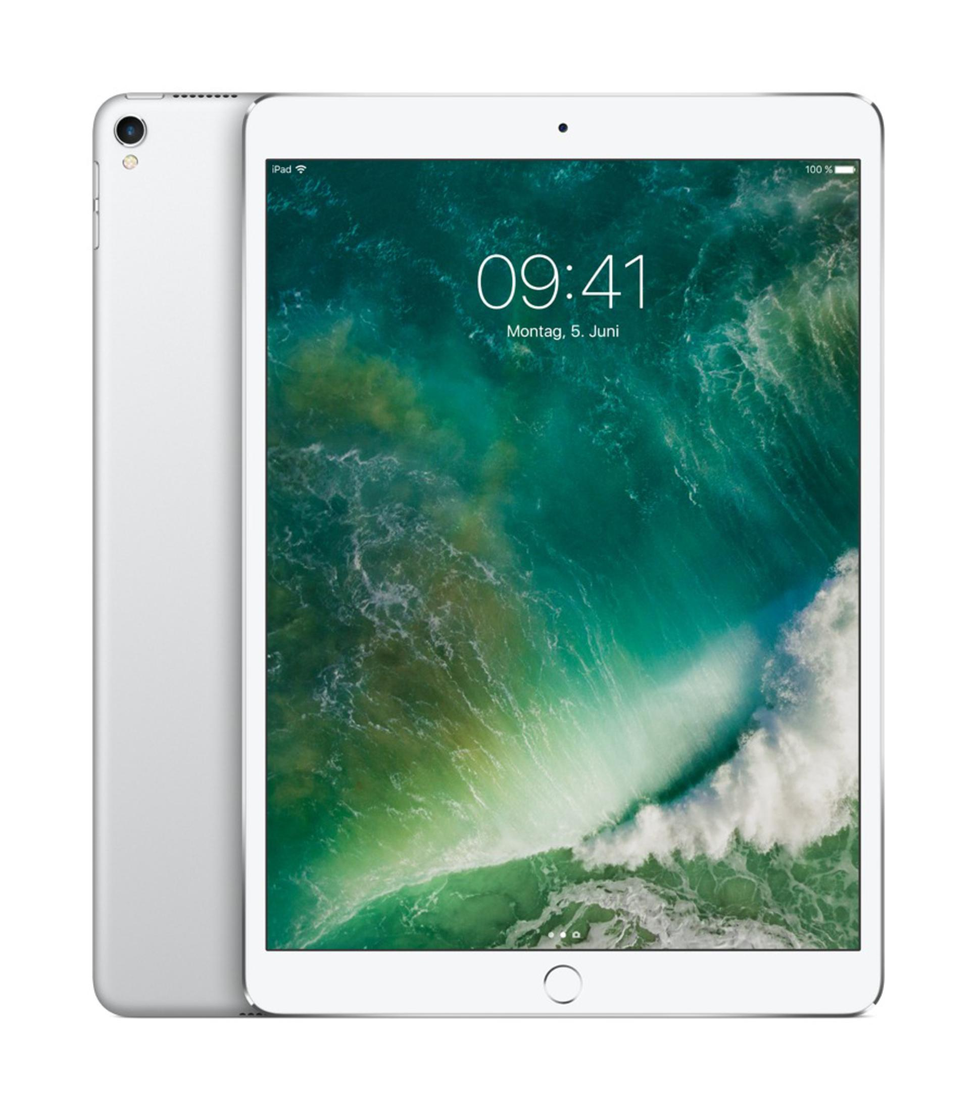 Srebrny iPad z zieloną tapetą z falami. Jest godzina 09:41.