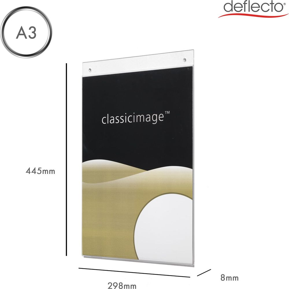 Cadre Deflecto format A3, 445mm x 298mm x 8mm, avec logo 'classicimage'.