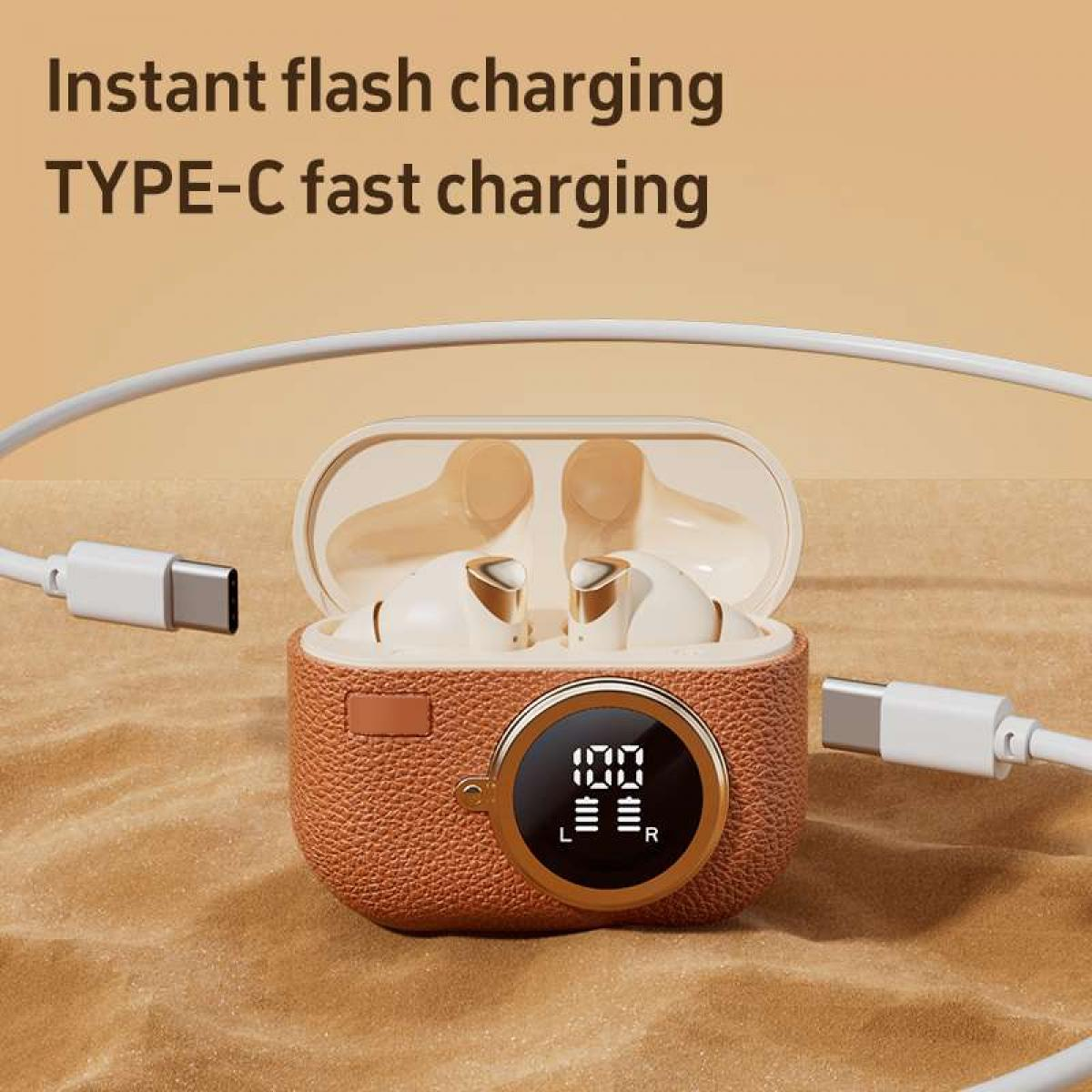 Weiße Ohrhörer in brauner Ladehülle mit USB-C-Kabel und digitaler Anzeige.