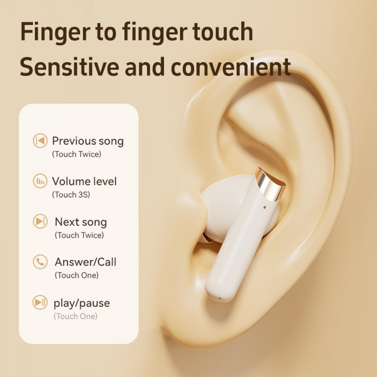 Ein weißer Earbud mit goldenem Akzent in einem stilisierten Ohr. Touch-Steuerung erklärt.