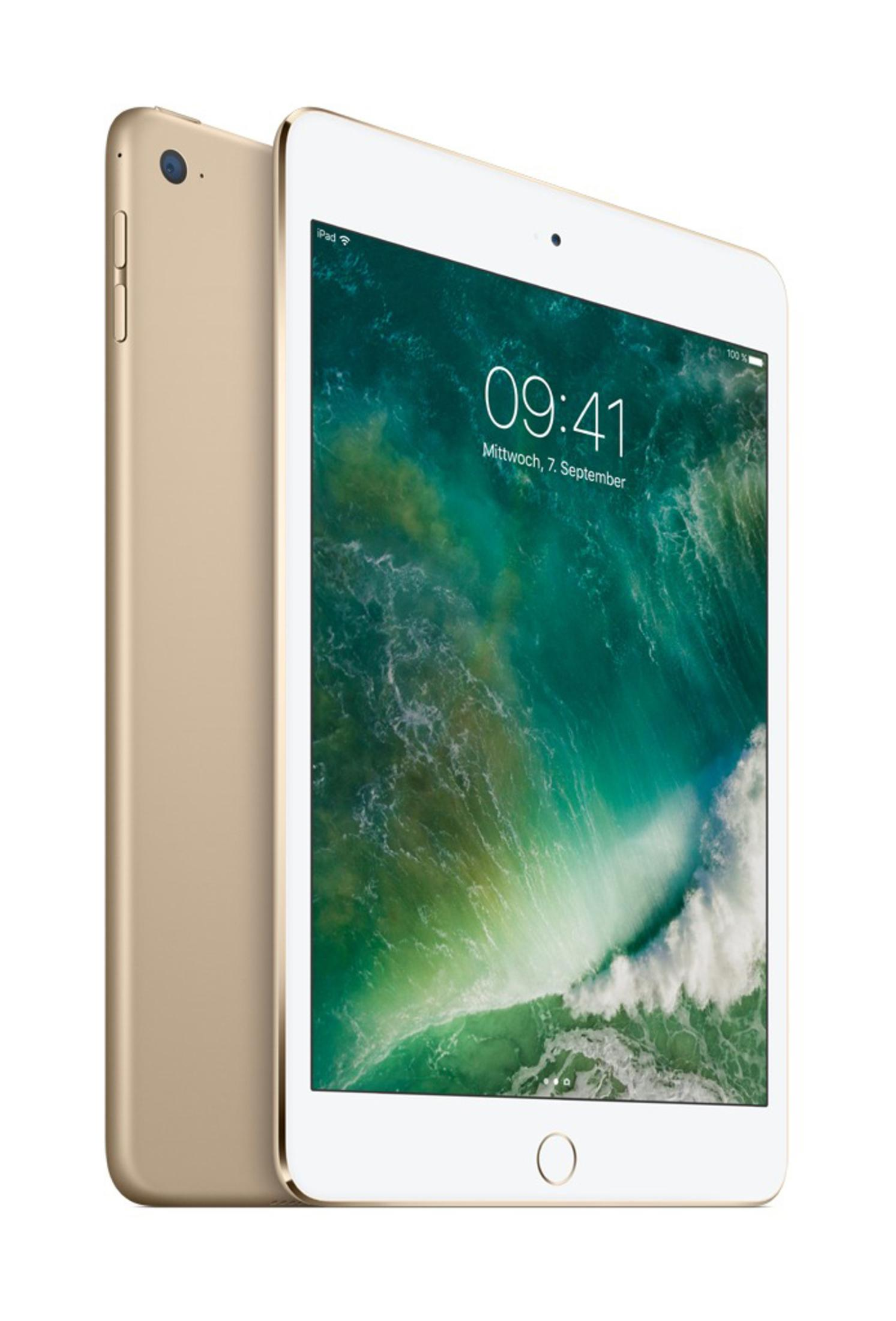 Ein goldener iPad auf weißem Hintergrund mit einem Wellen-Hintergrundbild.