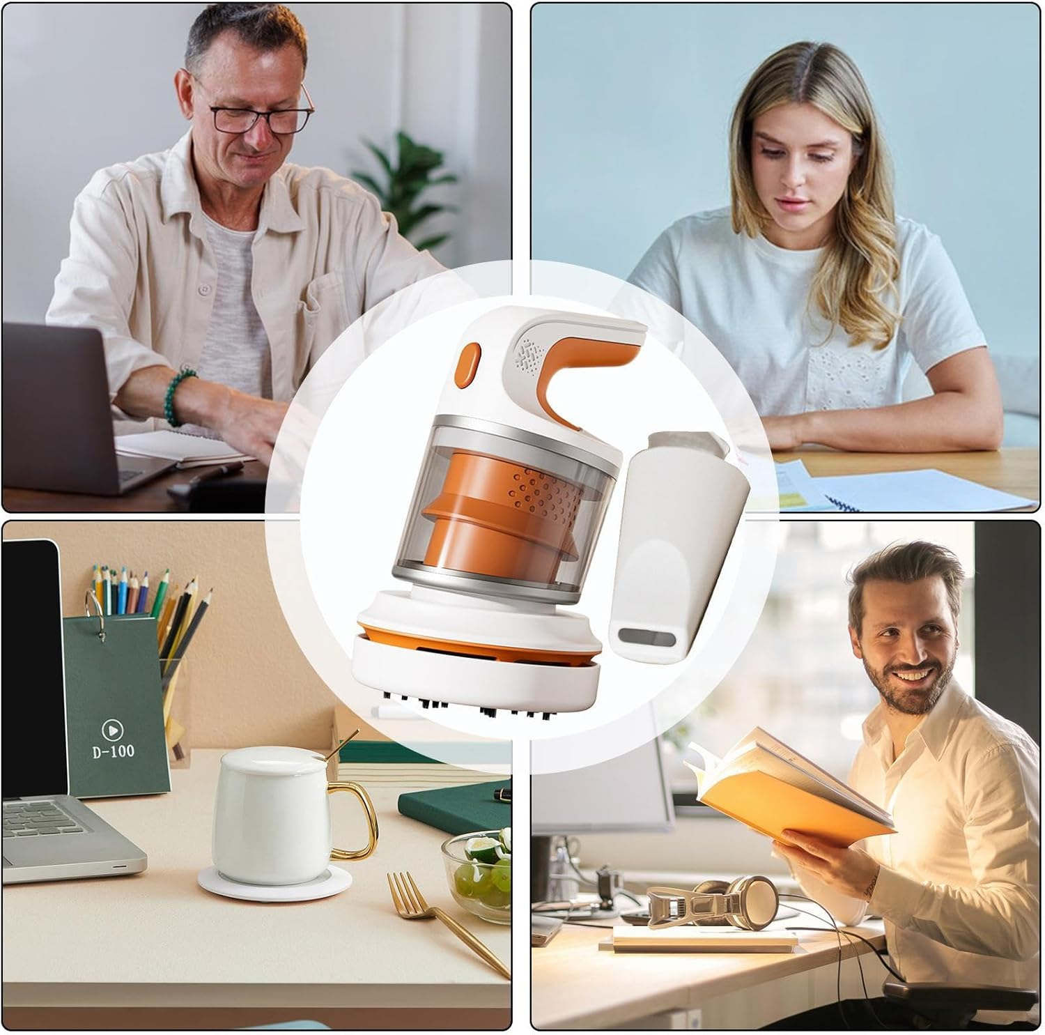 Ein Mann am Laptop, eine Frau am Schreibtisch, ein Staubsauger und ein Mann mit Buch.