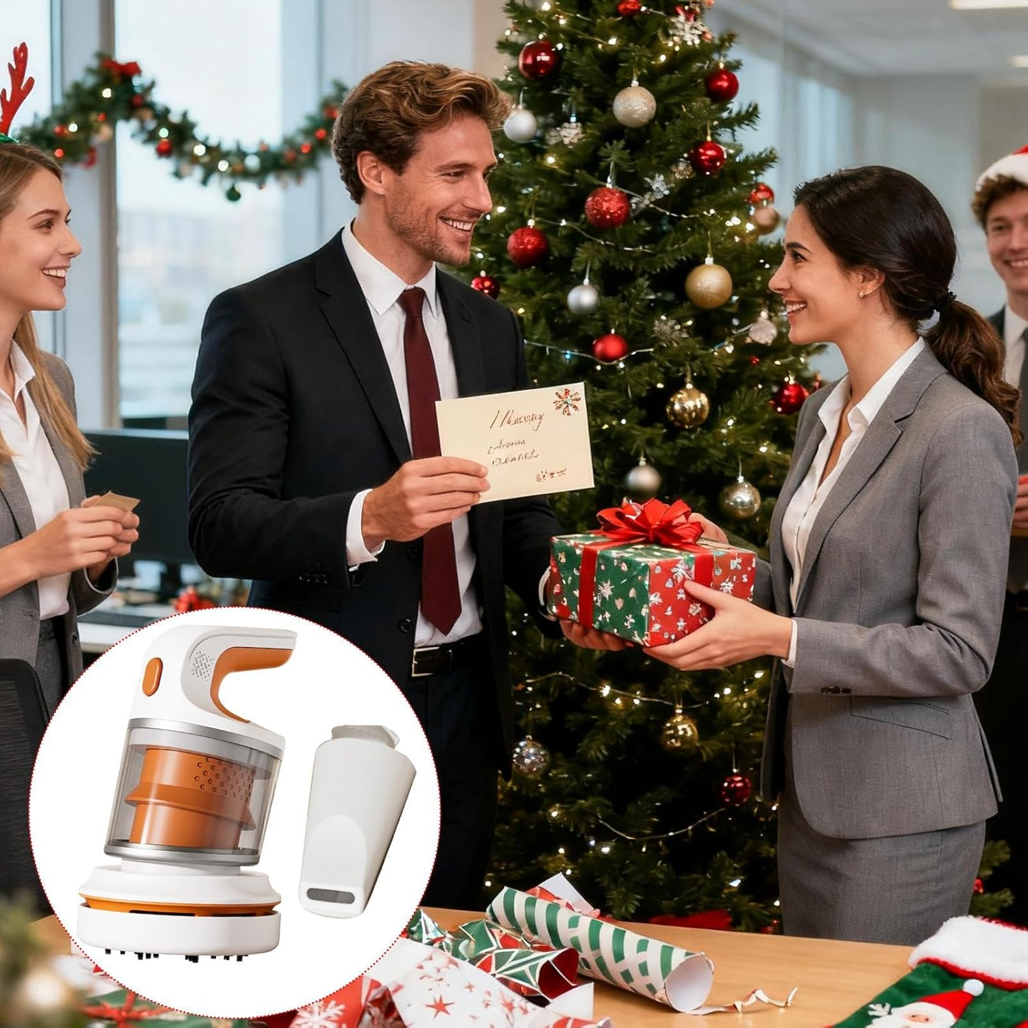 Büro mit Weihnachtsbaum: Mann gibt Frau Geschenkkarte u. Geschenk. Staubsauger-Detail.