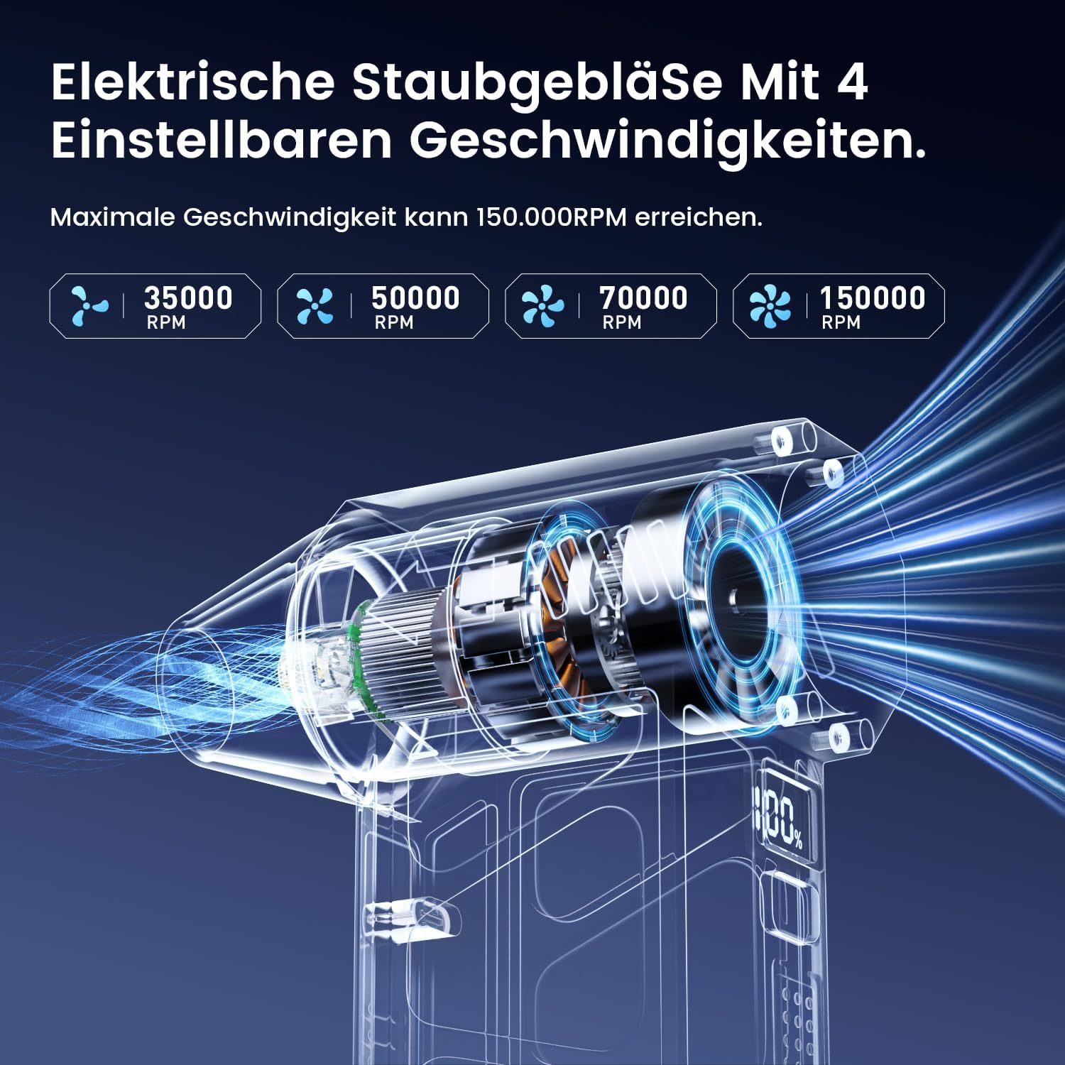 Elektrisches Gebläse mit 4 Geschwindigkeiten, bis zu 150.000 U/min.