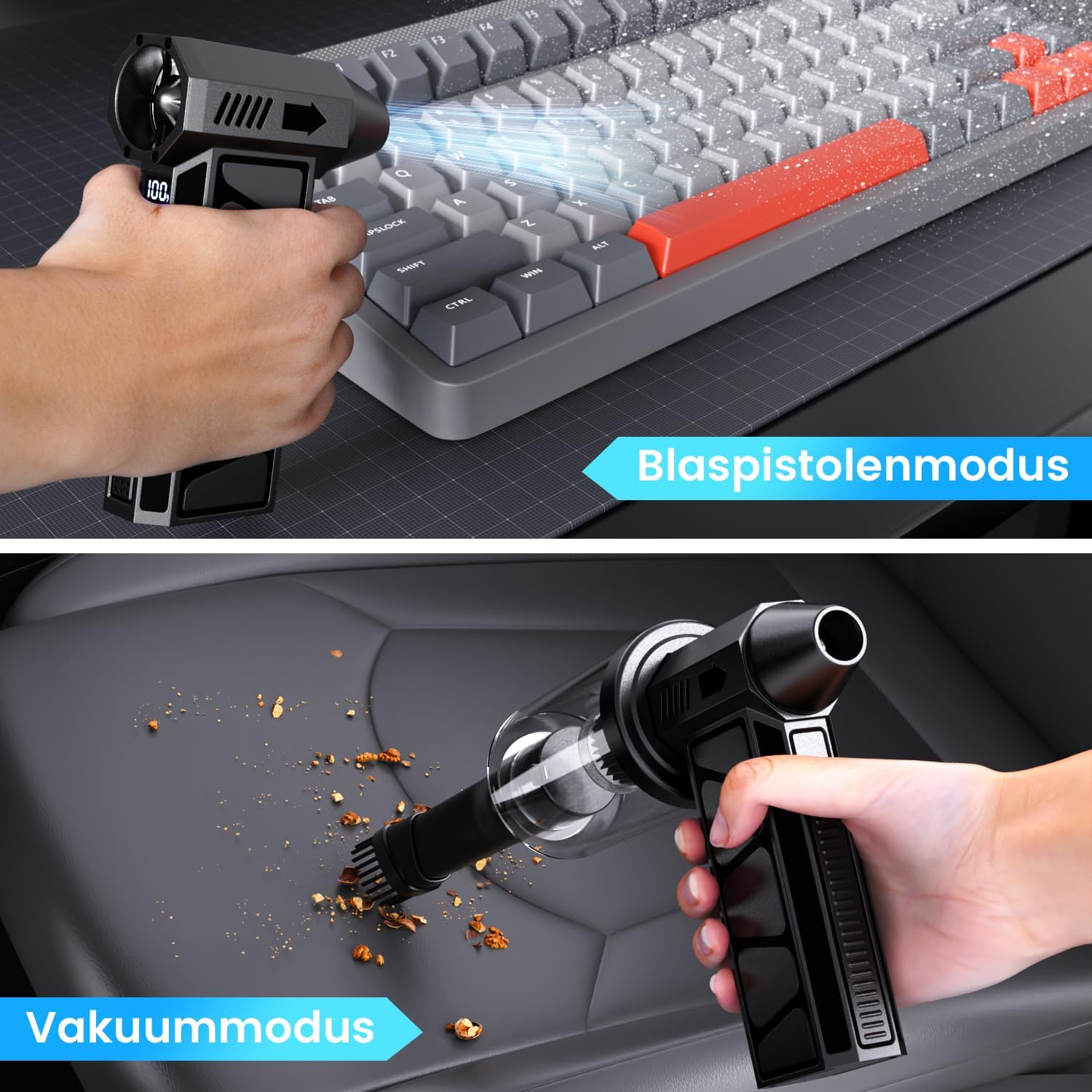 Gerät reinigt Tastatur und Autositz mit Luft und Vakuum.