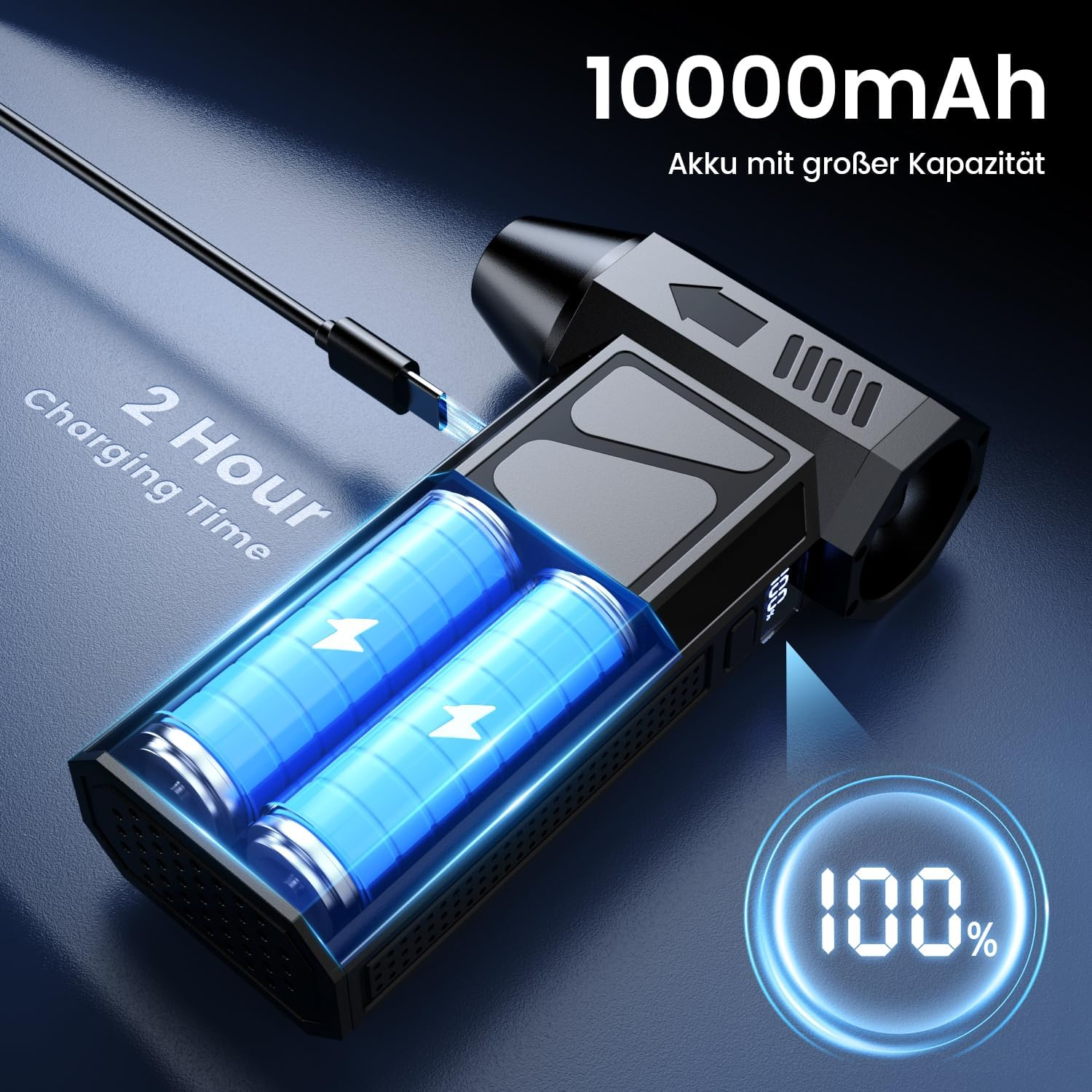 Powerbank mit 2 blauen Akkus, lädt über USB-C. 10000mAh Kapazität.