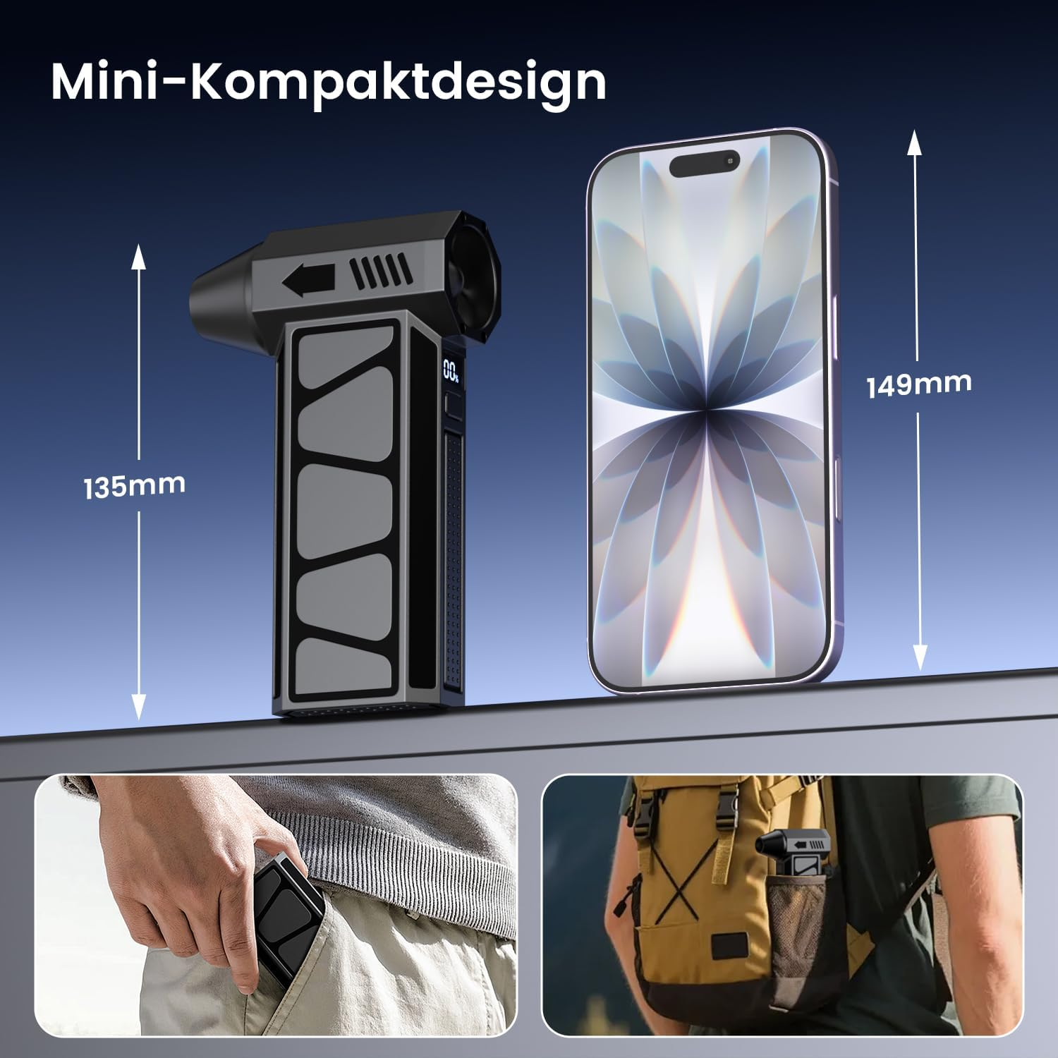 Kompakter schwarzer Gegenstand neben einem Smartphone, Maße 135mm vs. 149mm.