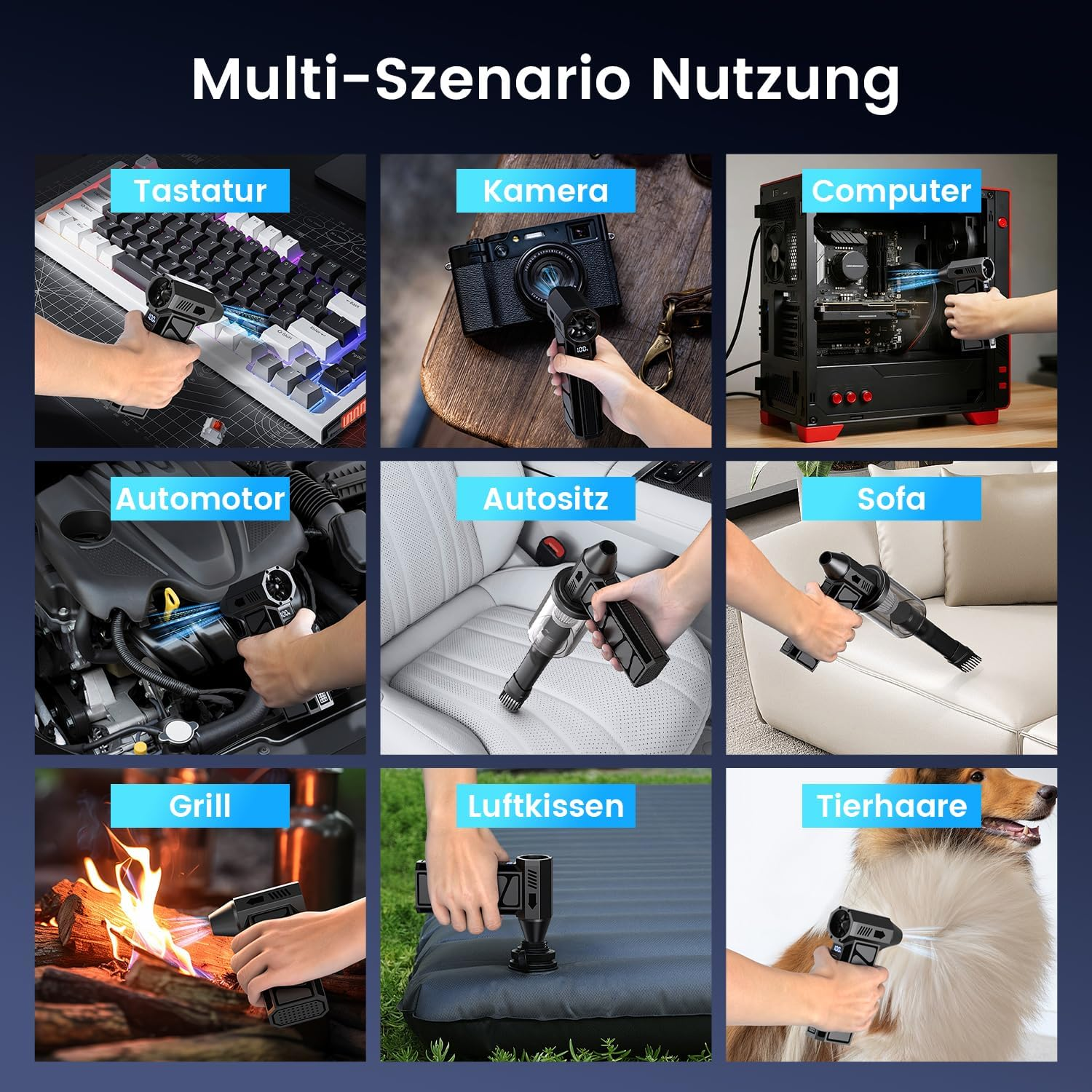 Produkt in 9 Szenarien: Tastatur, Kamera, Computer, Automotor, Autositz, Sofa, Grill, Luftkissen, Tierhaare.