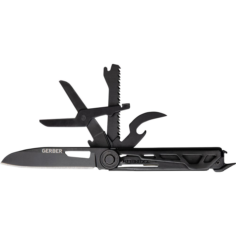 Schwarzes Multitool mit geöffneter Klinge, Säge und Schere.