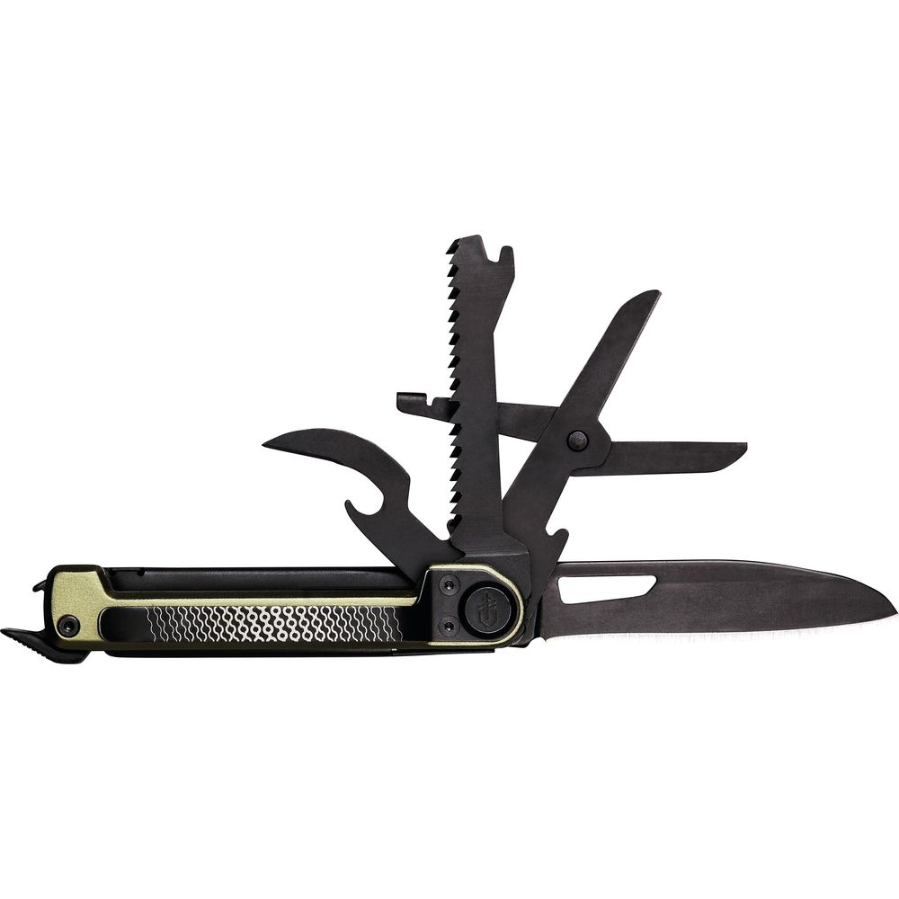Ein schwarzes Multitool mit Messerklinge, Säge und Flaschenöffner.