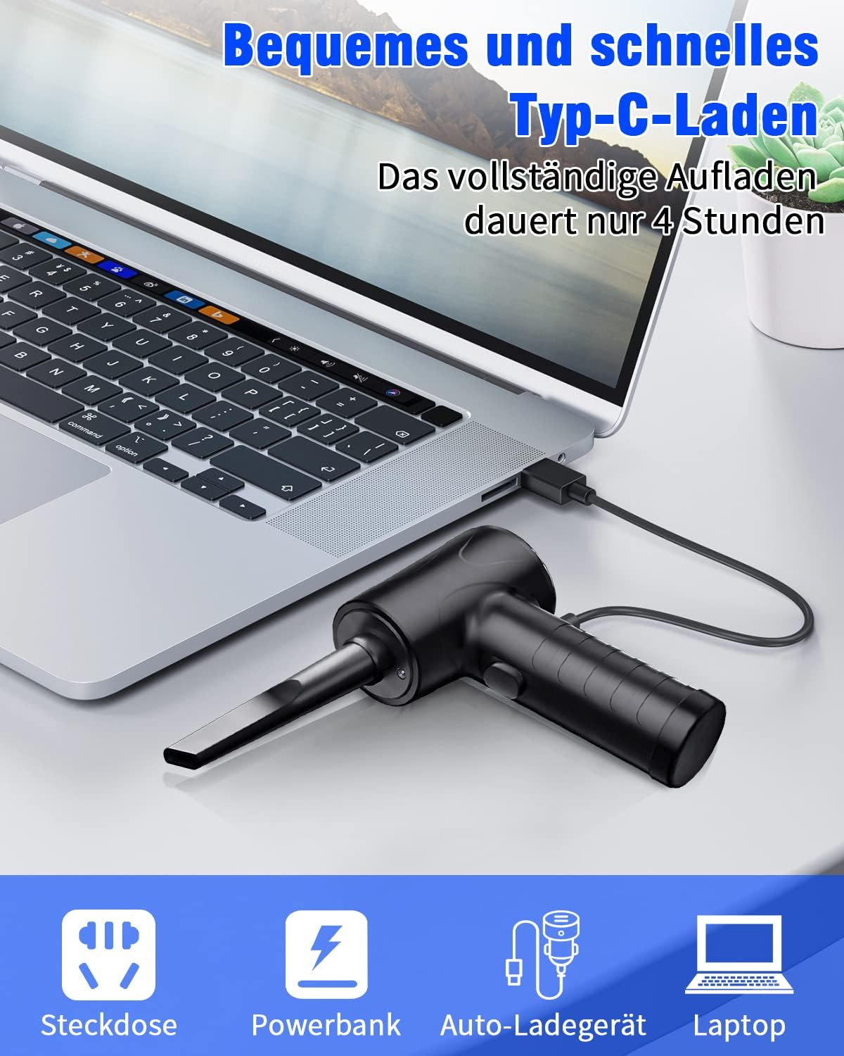Ein schwarzer USB-C-Ladestaubsauger ist an einen Laptop angeschlossen.