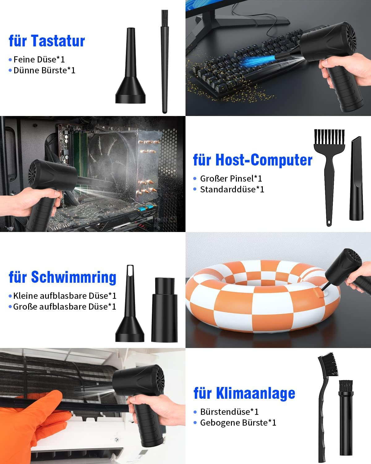 Elektrische Gebläse und Zubehör für Tastatur, Computer, Schwimmring und Klimaanlage.