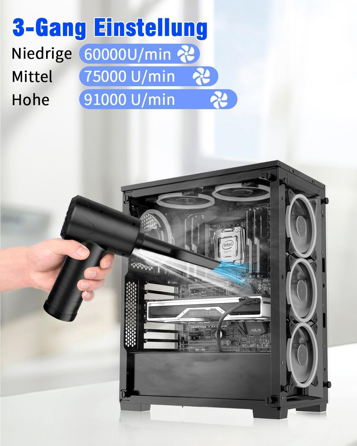 Ein schwarzer kabelloser Luftreiniger wird zur Reinigung eines geöffneten PCs verwendet.