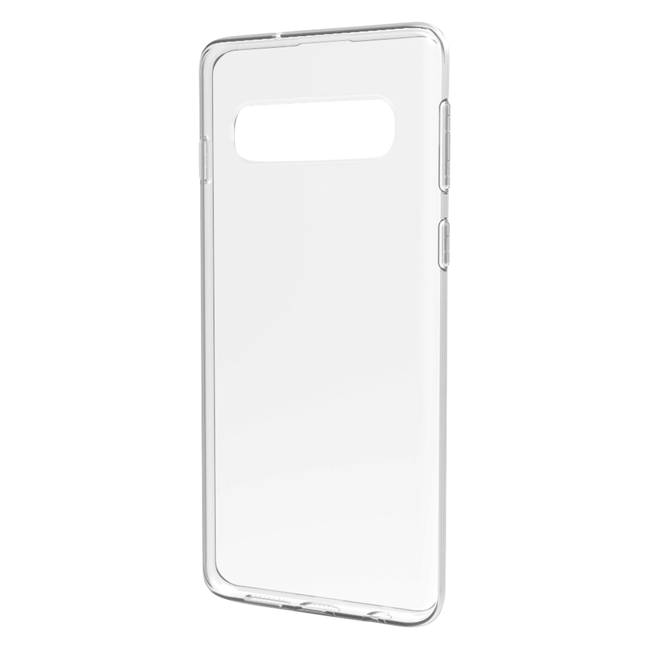 Custodia trasparente per telefono con ritagli per fotocamera e pulsanti.