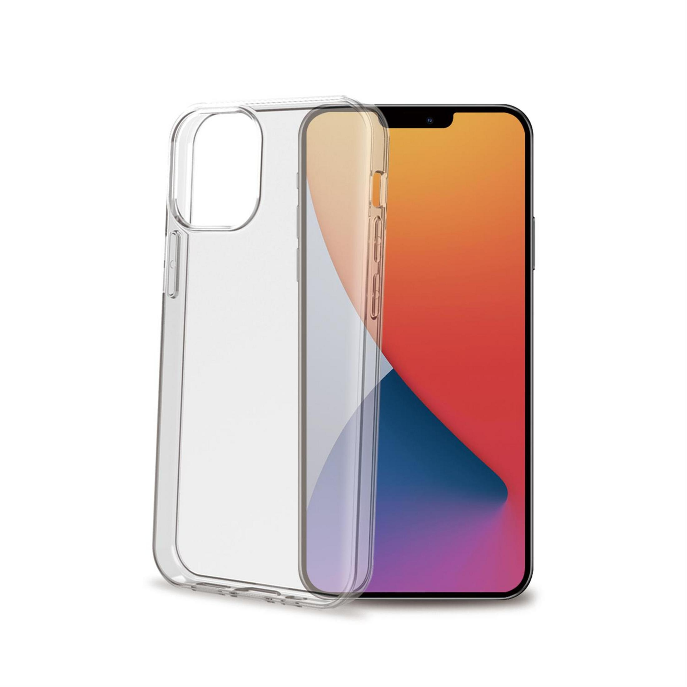 Custodia trasparente accanto a uno smartphone con sfondo colorato.