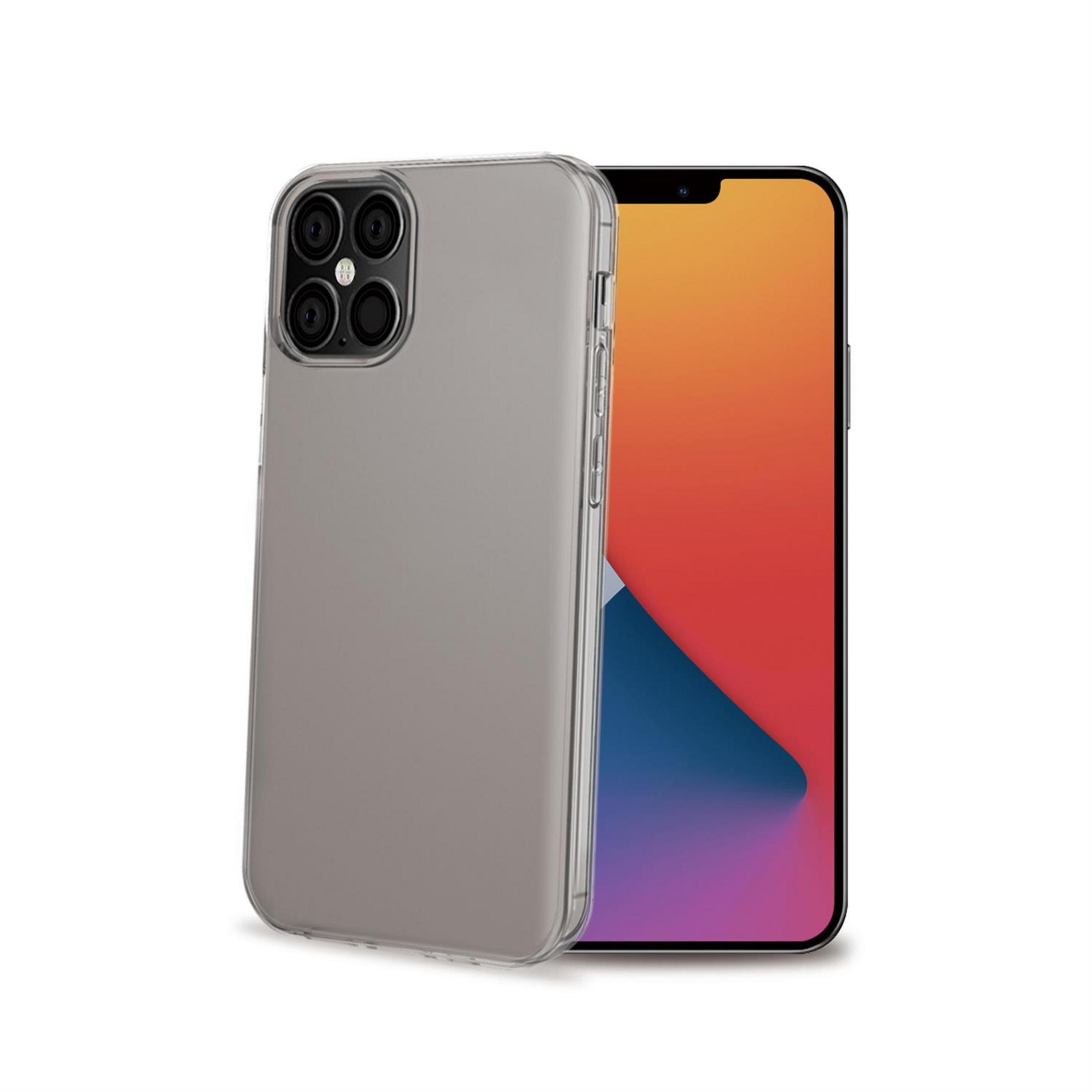 Una cover grigia per telefono accanto a uno smartphone con sfondo colorato.