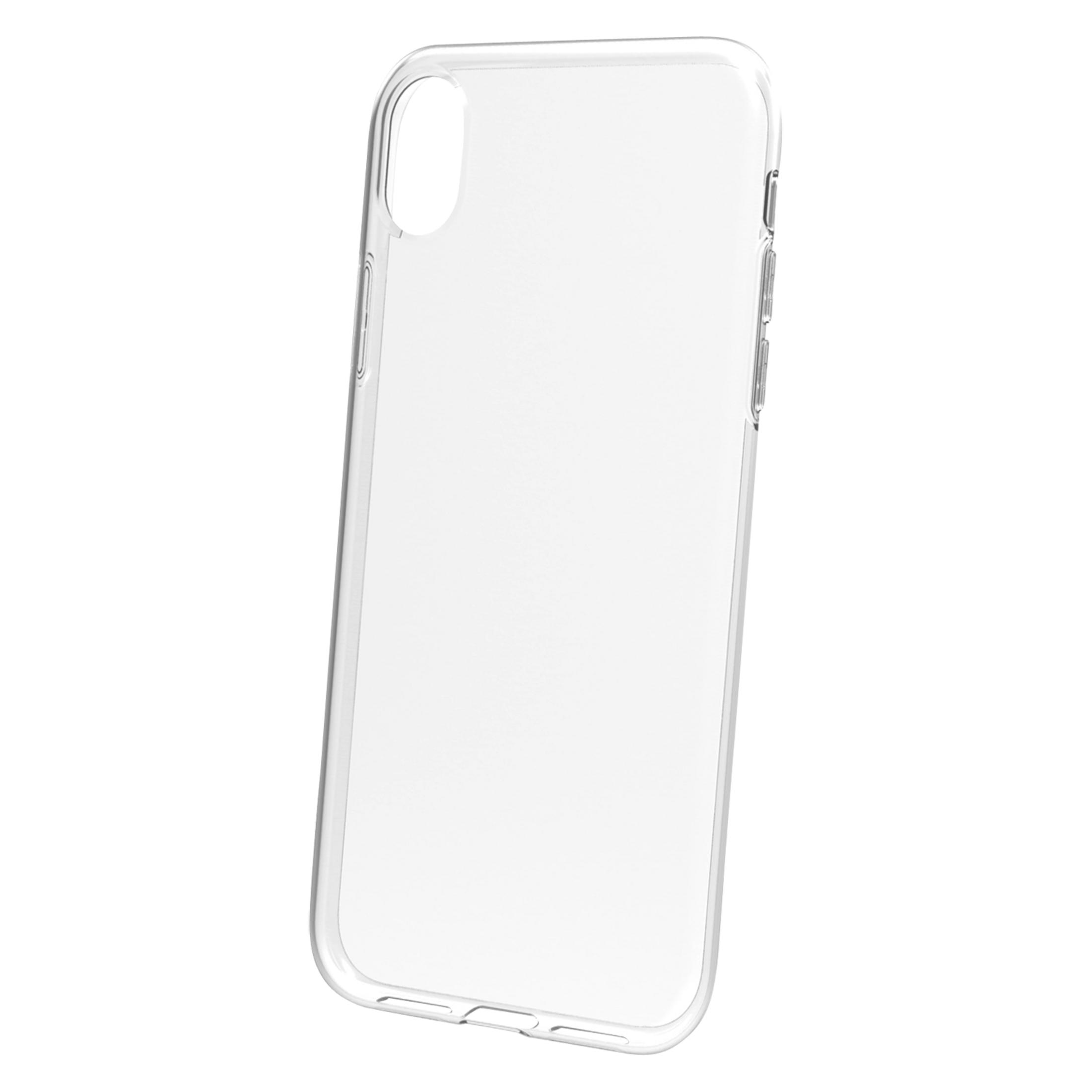 Una custodia per telefono trasparente con ritagli per fotocamera e pulsanti.
