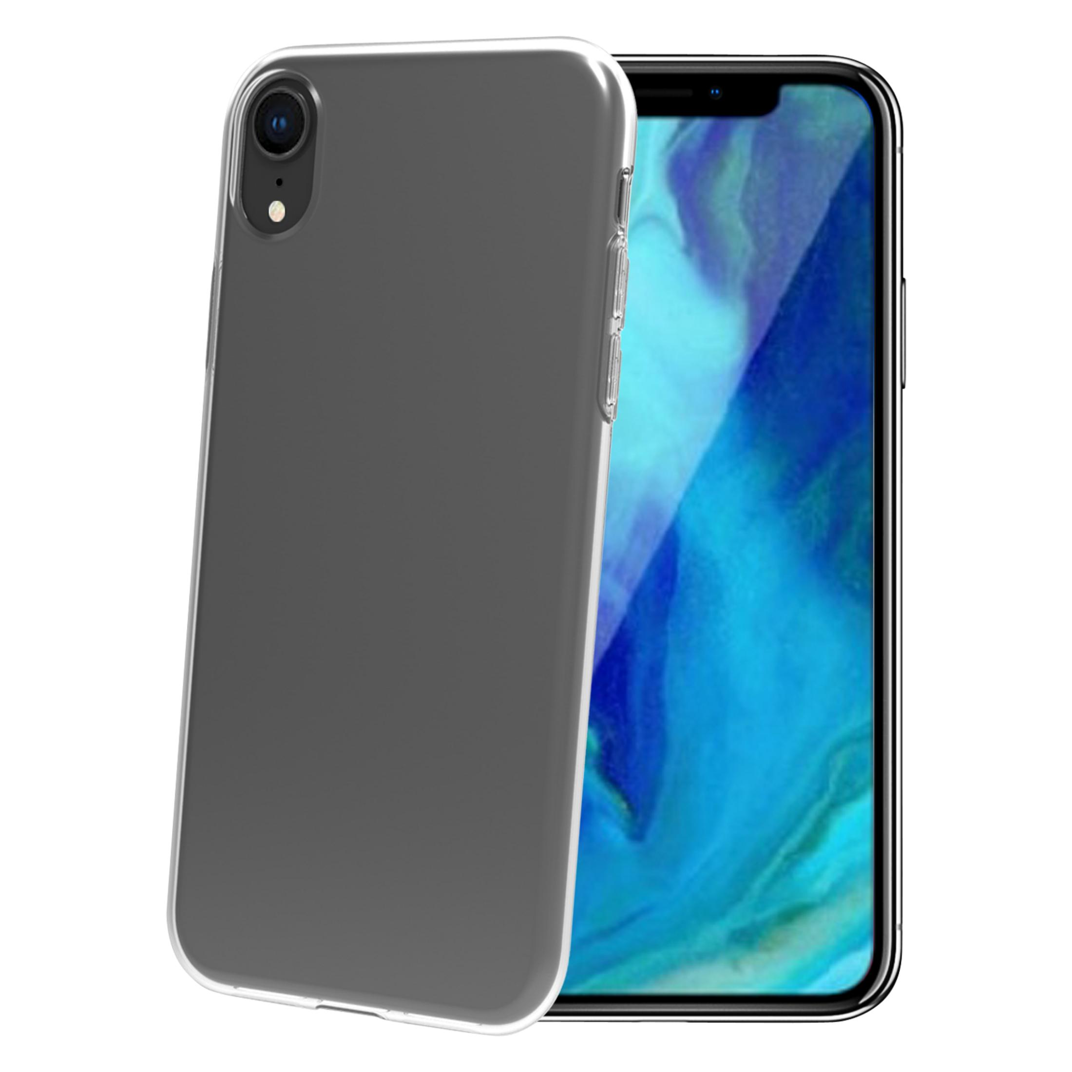 Custodia grigia per telefono davanti a uno smartphone con sfondo blu.