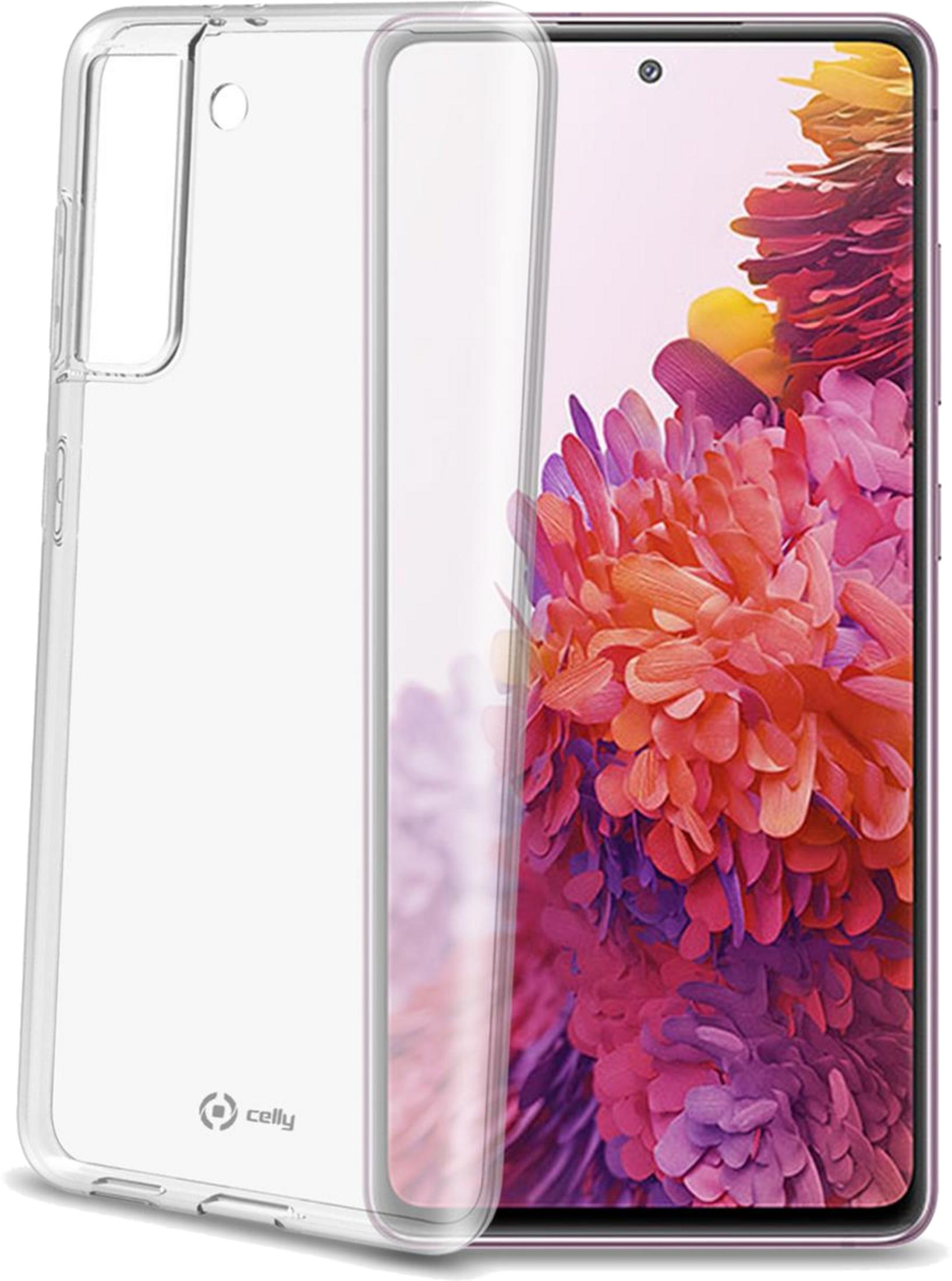 Una custodia trasparente per telefono accanto a uno smartphone con sfondo colorato.