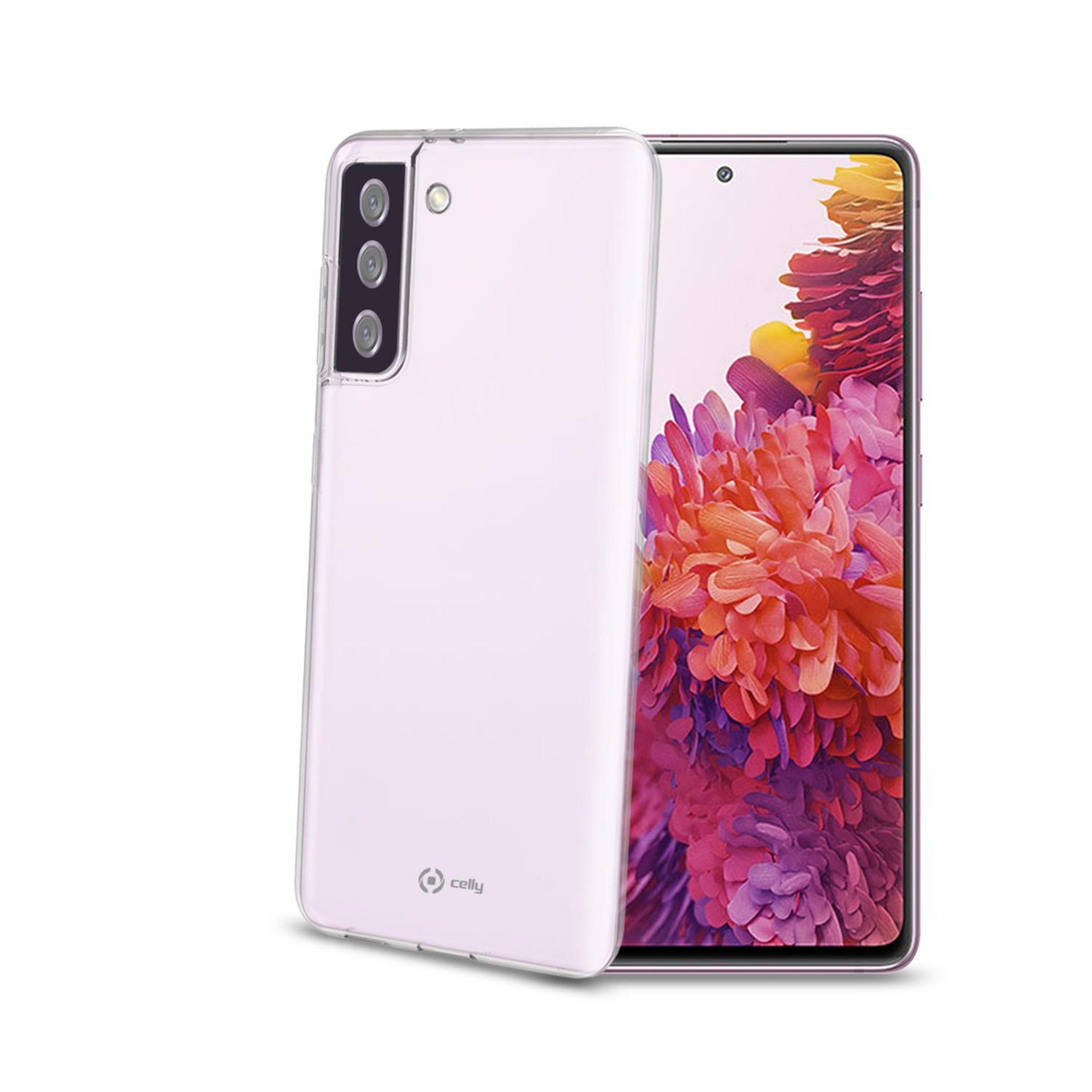 Una cover trasparente per telefono accanto a uno smartphone con sfondo colorato.