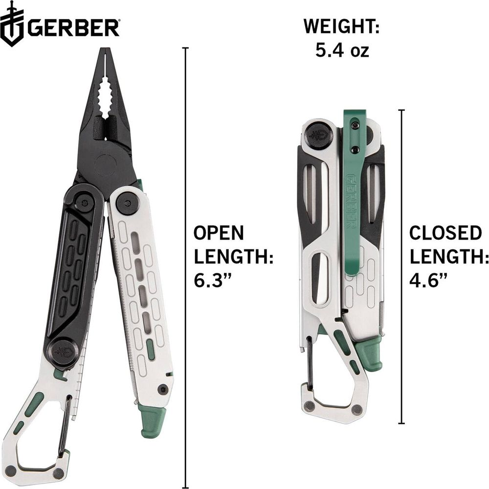 Gerber Multitool offen 6,3 Zoll, geschlossen 4,6 Zoll, Gewicht 5,4 oz.