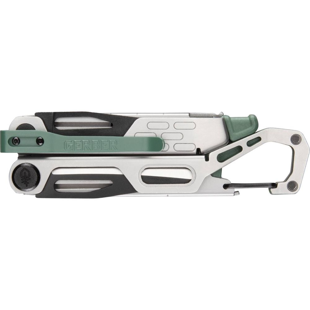 Ein silbernes Multitool mit grünen Akzenten und dem Gerber-Logo.