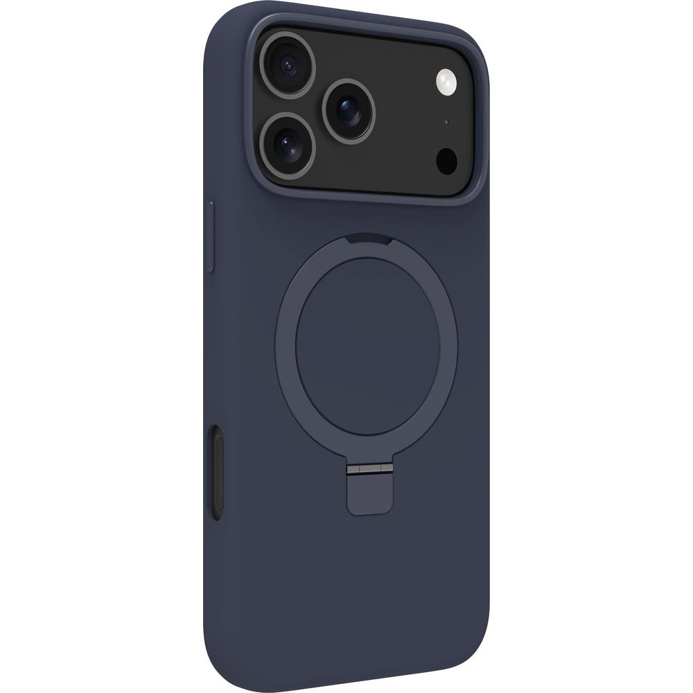 Custodia blu scuro per telefono con modulo fotocamera e anello.