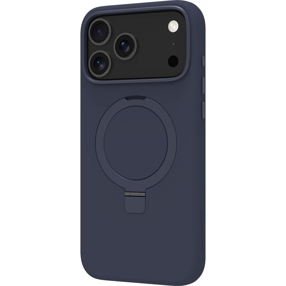 Custodia blu scuro per telefono con tre obiettivi e un anello circolare.