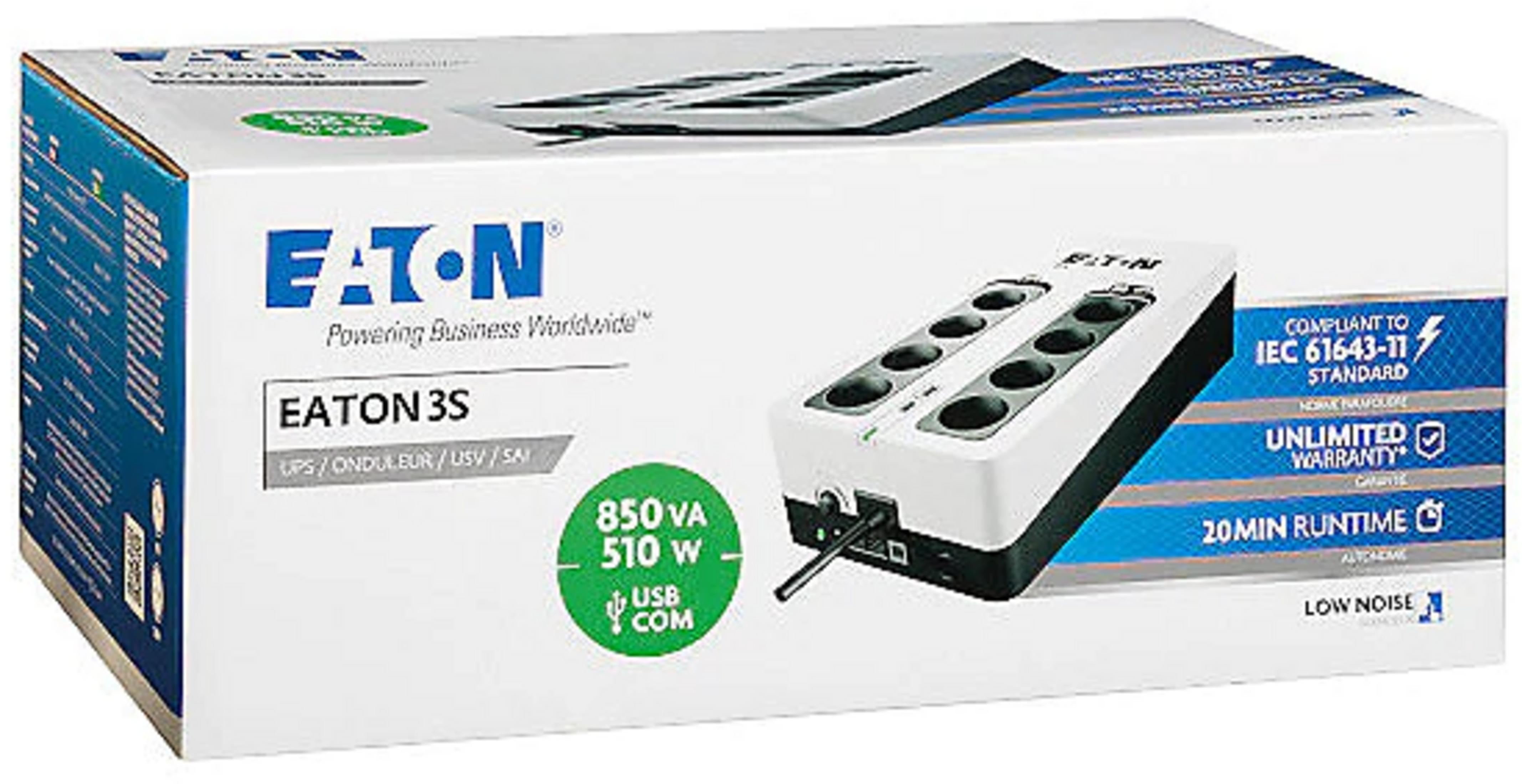 Confezione Eaton 3S UPS con unità, 850 VA/510 W, USB, garanzia illimitata.