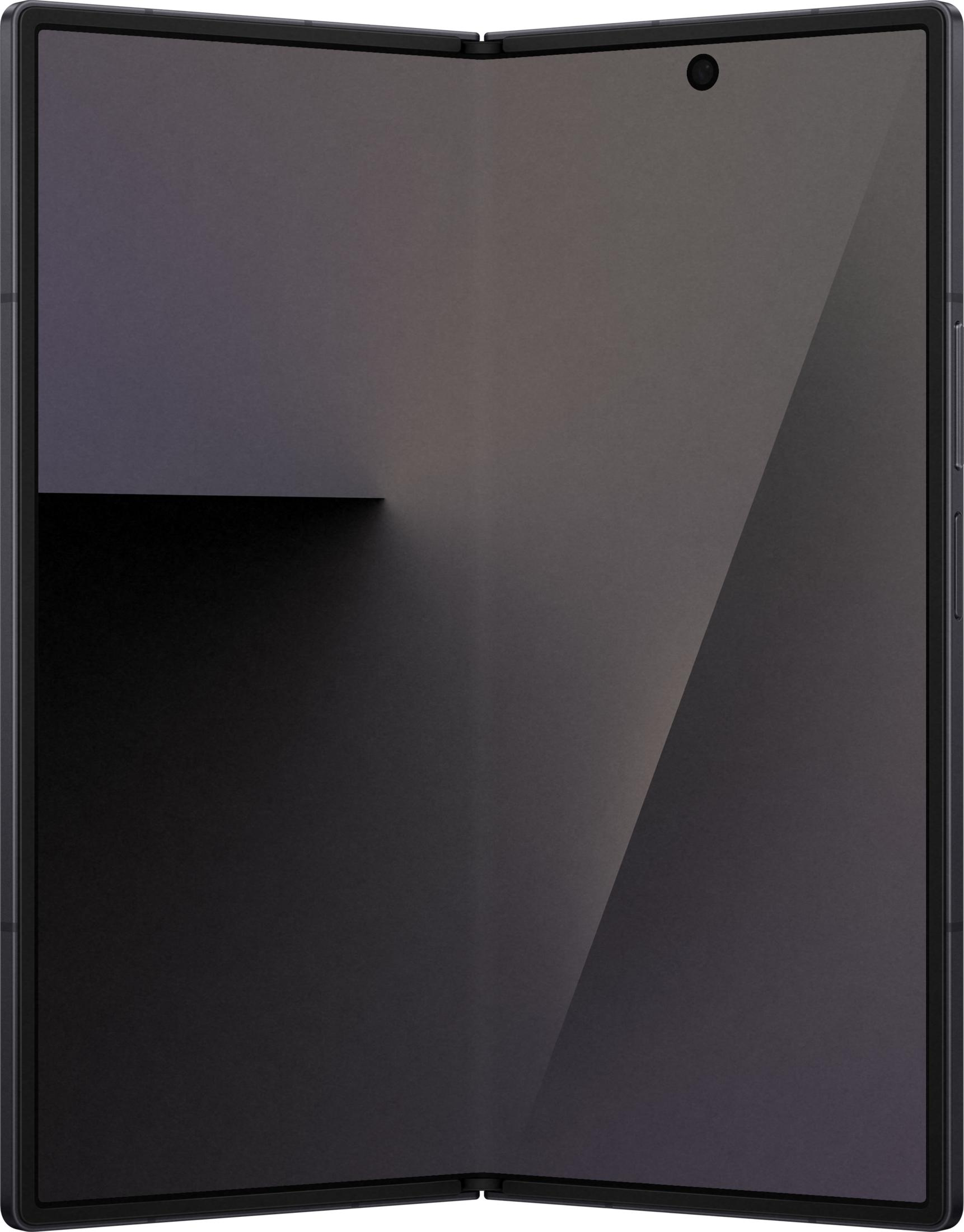 Ein geschlossenes faltbares Smartphone mit dunklem Display und Kamerainsel oben.