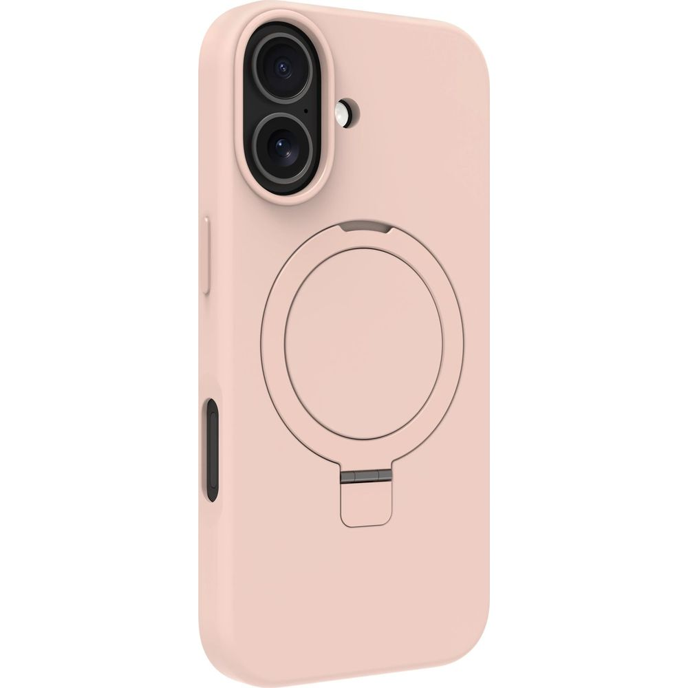 Una cover rosa per telefono con anello di supporto e doppia lente.