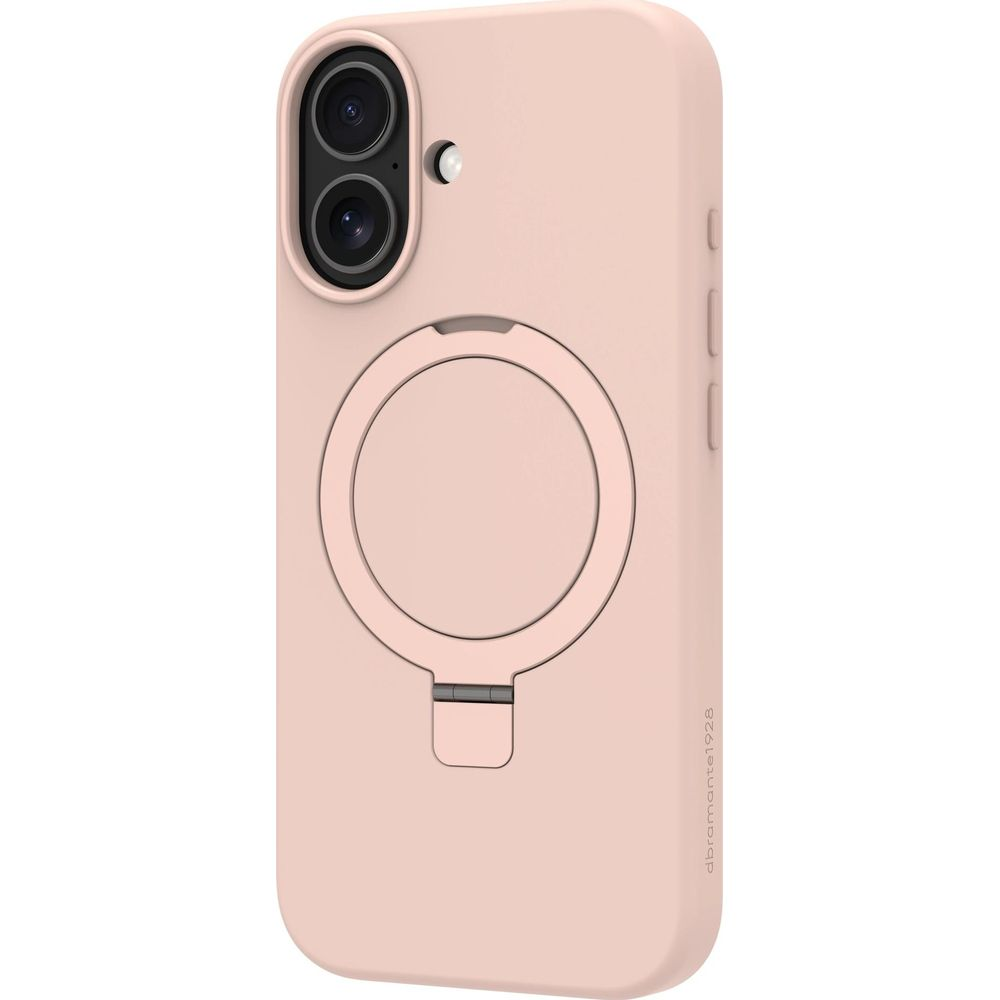 Una custodia rosa per telefono con anello e ritaglio per fotocamera.