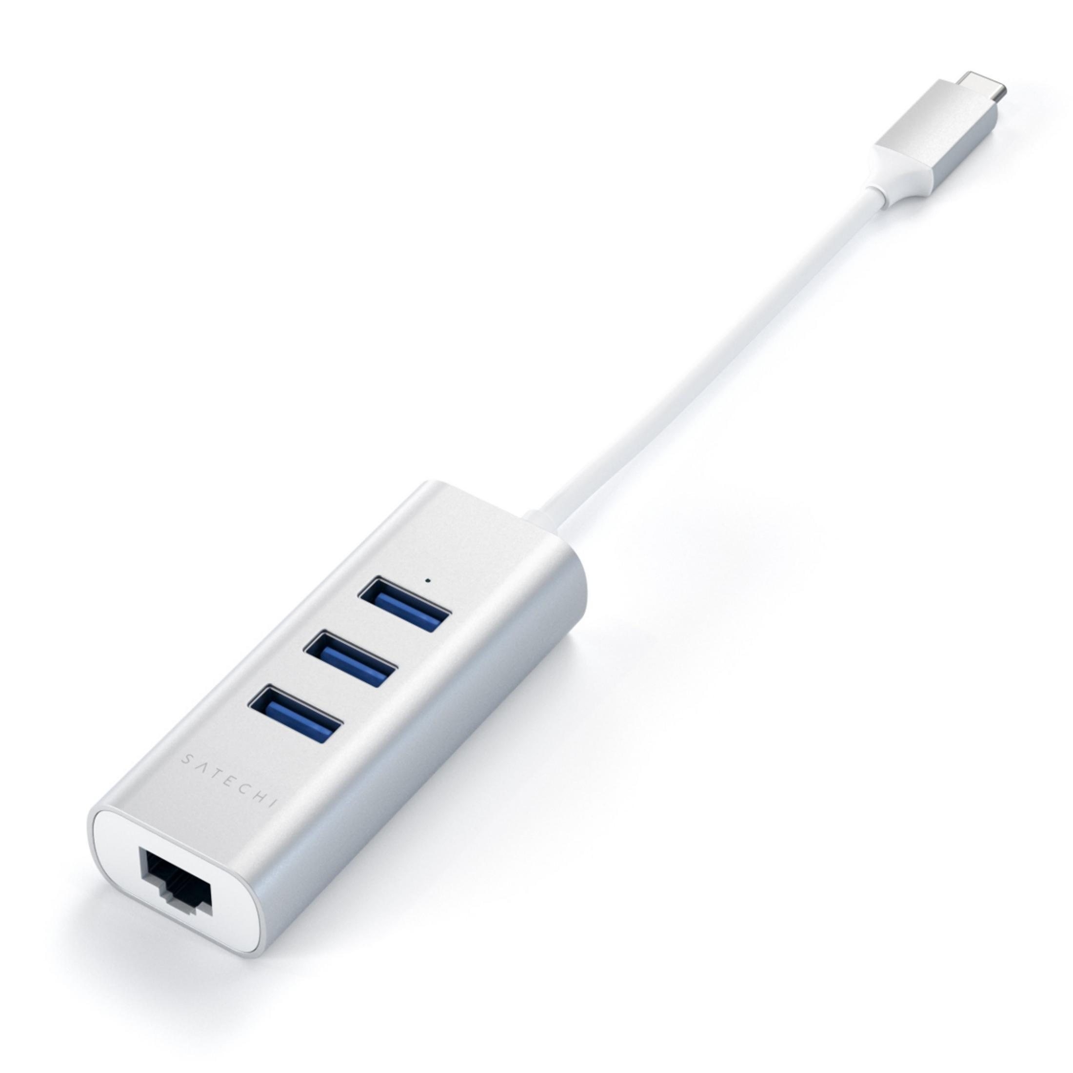 Hub USB-C argentato con tre porte USB-A e una porta Ethernet.