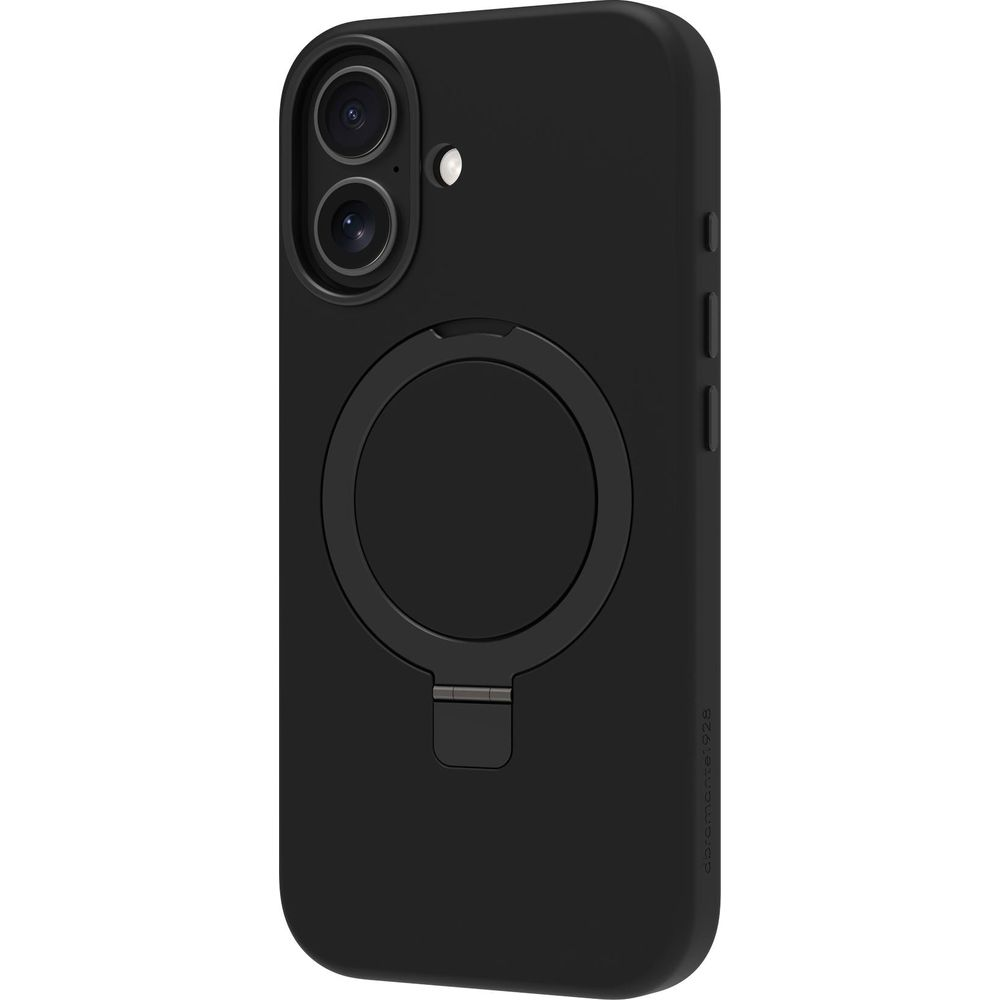 Custodia nera per telefono con anello di supporto integrato, fotocamera e flash bianchi.