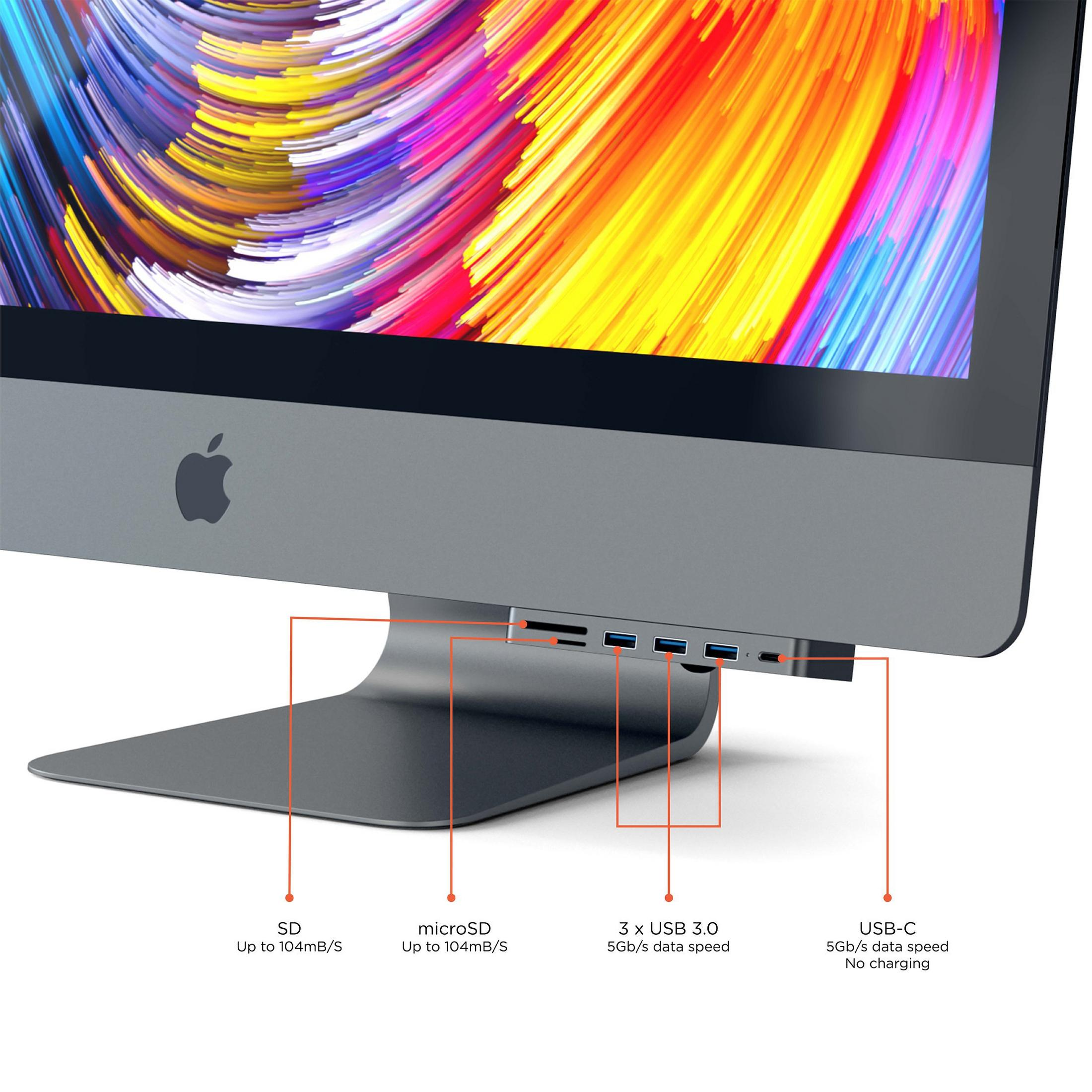 Ein grauer iMac mit farbigem, abstraktem Hintergrund zeigt mehrere Anschlüsse: SD, microSD, 3x USB 3.0 und USB-C.
