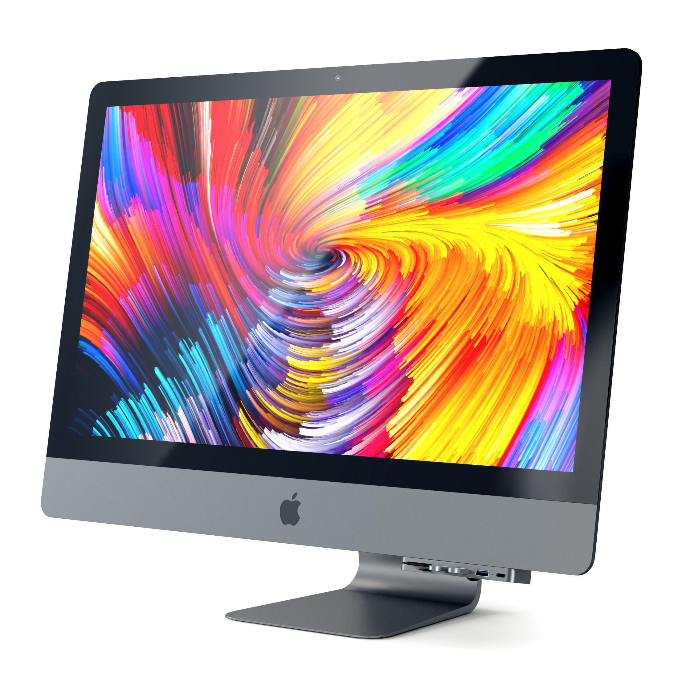 Ein grauer iMac mit einem bunten, wirbelnden Hintergrundbild.