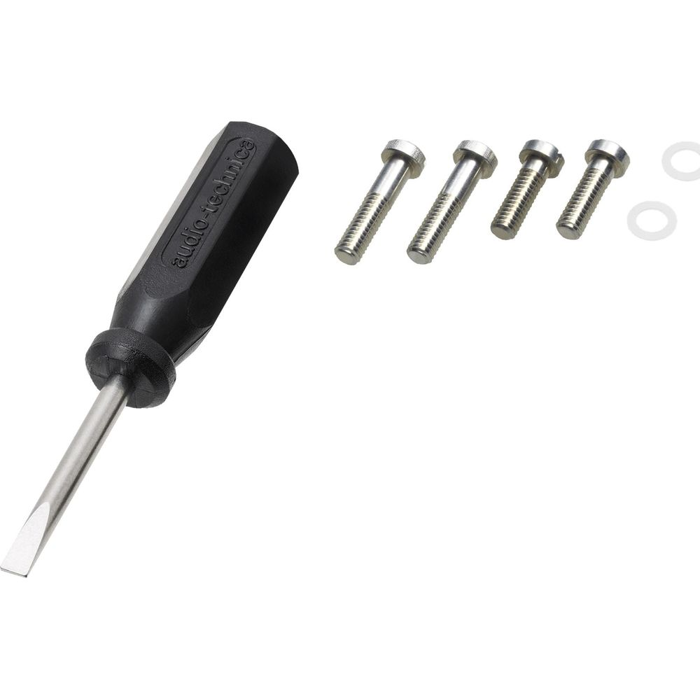 Śrubokręt z czarną rączką, cztery śruby i podkładki. Widoczne logo Audio-Technica.