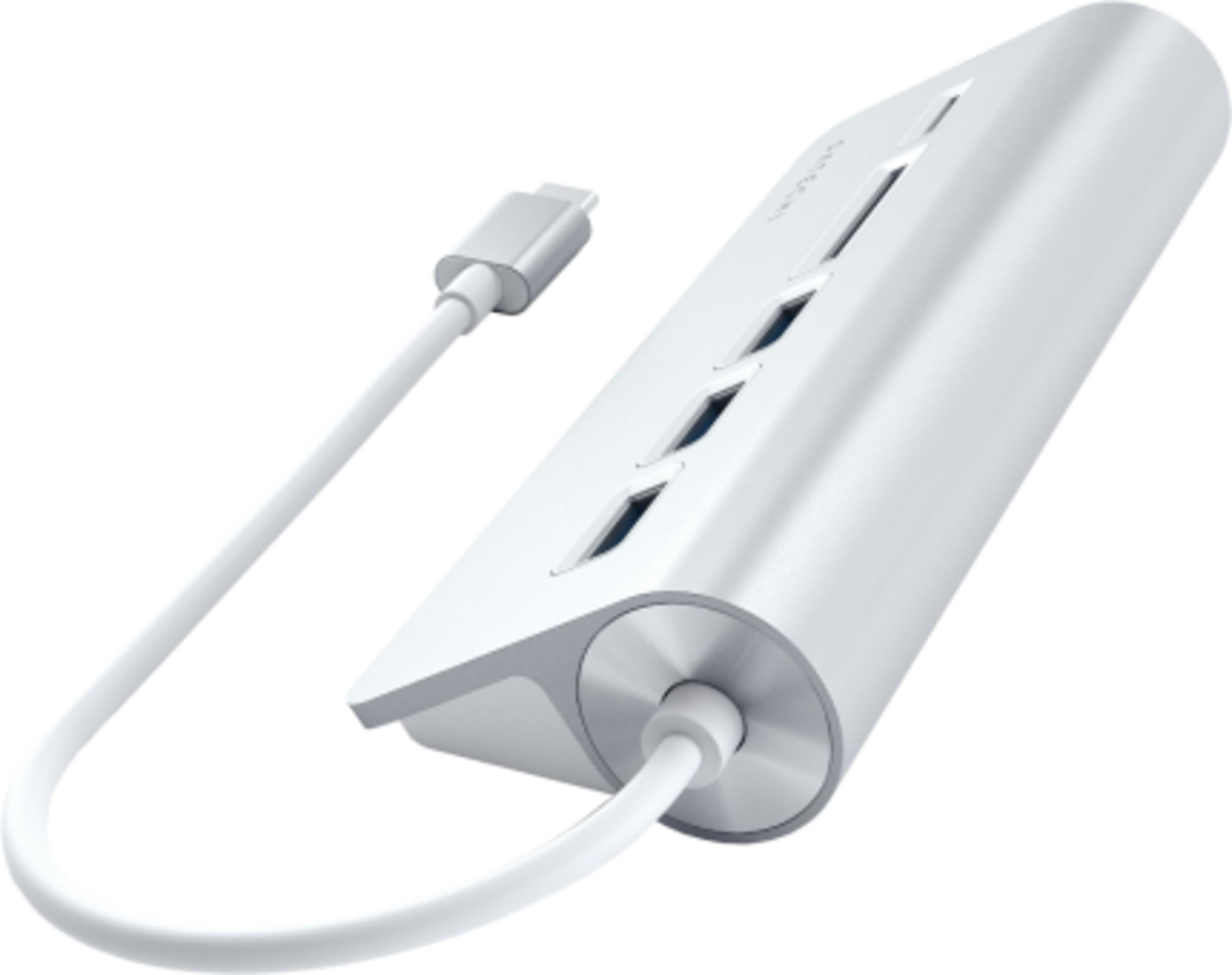 Silberner USB-C-Hub mit vier Anschlüssen und einem weißen Kabel.