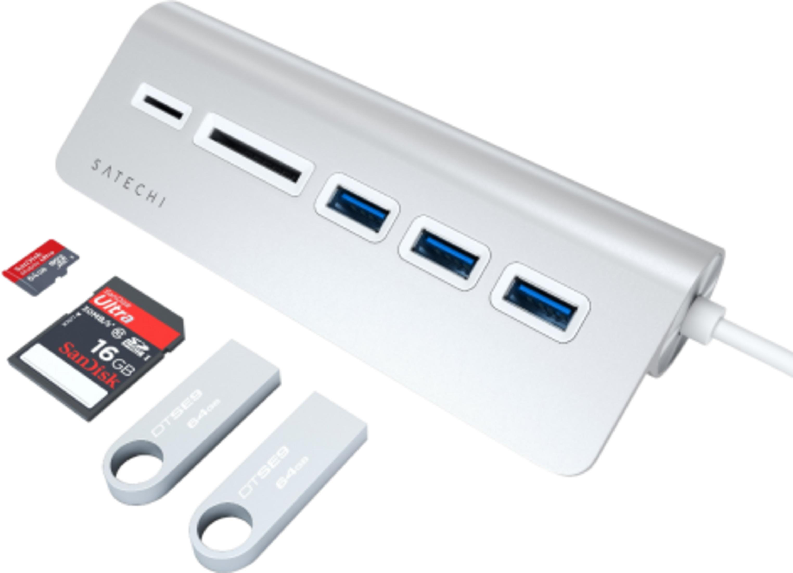 Silberner Satechi Hub mit USB-Ports, SD- und Micro-SD-Karten und zwei USB-Sticks.