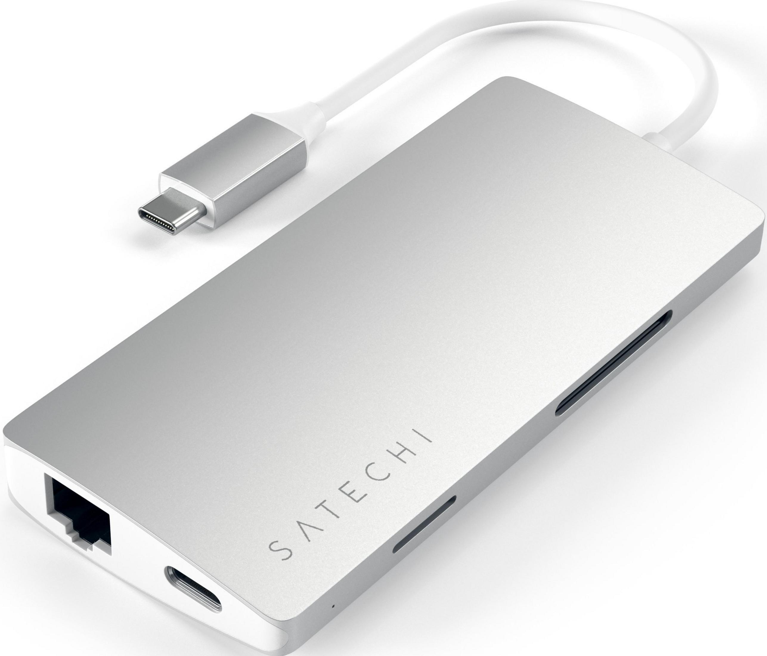 Ein silberner USB-C-Hub mit Ethernet-Port und Kabel.