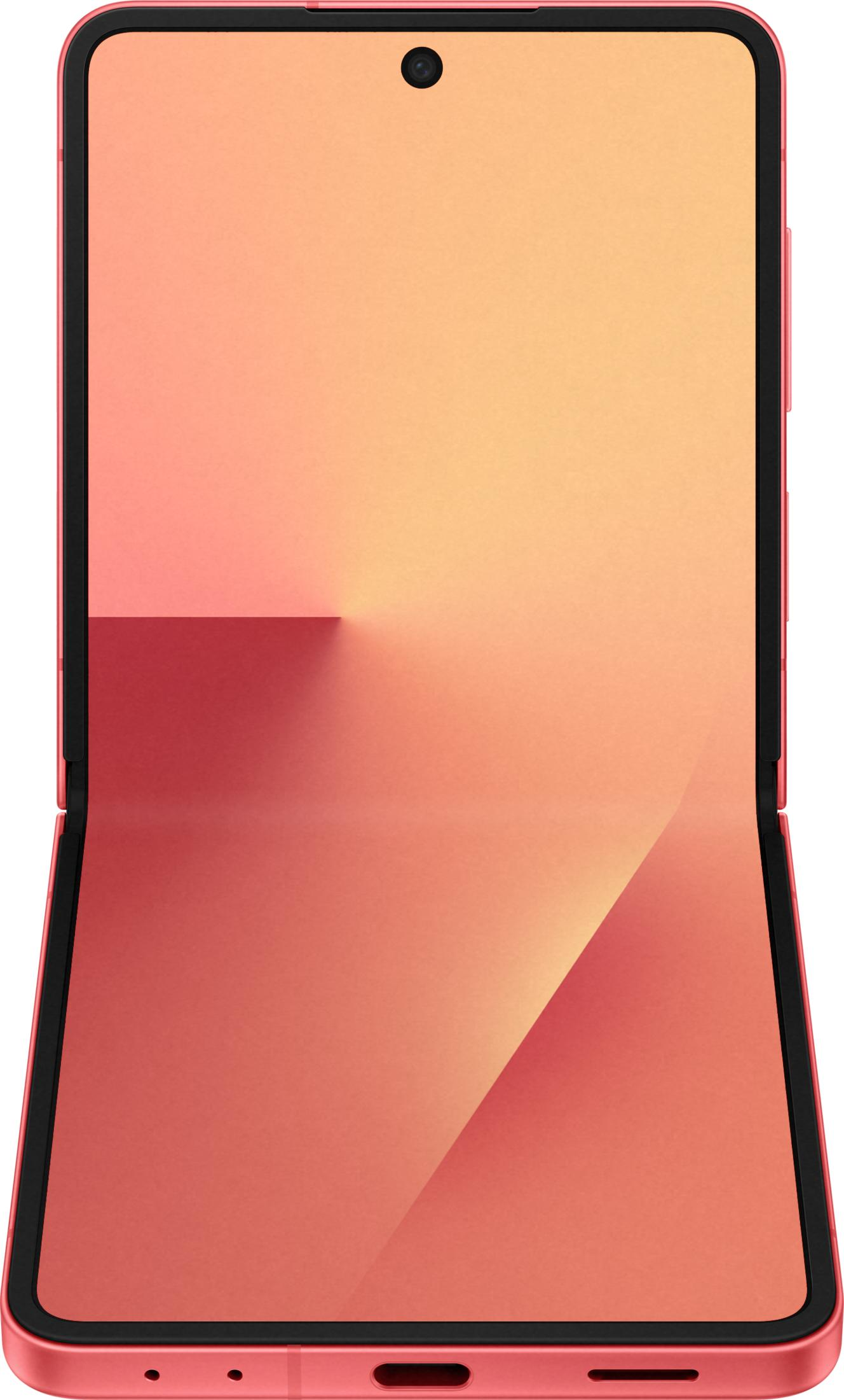 Un smartphone pliable rose avec cadre noir et écran dégradé.