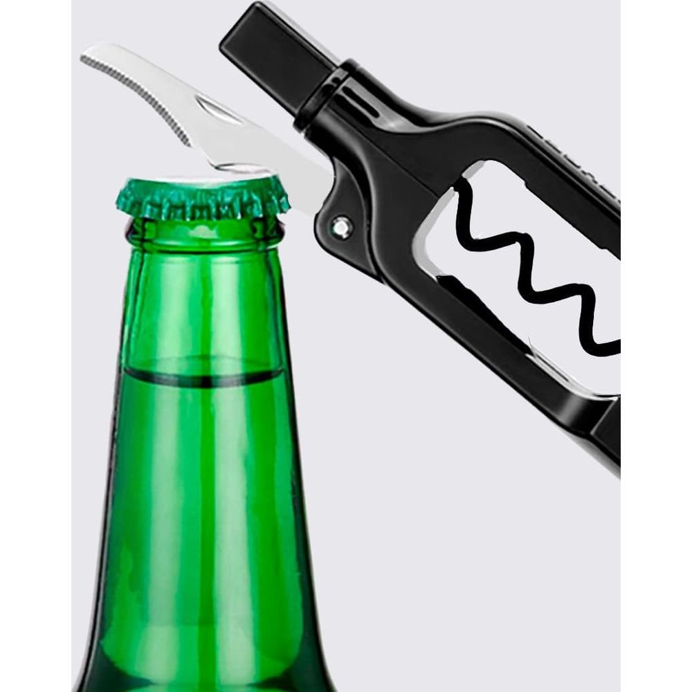 Ein schwarzer Flaschenöffner öffnet eine grüne Flasche.