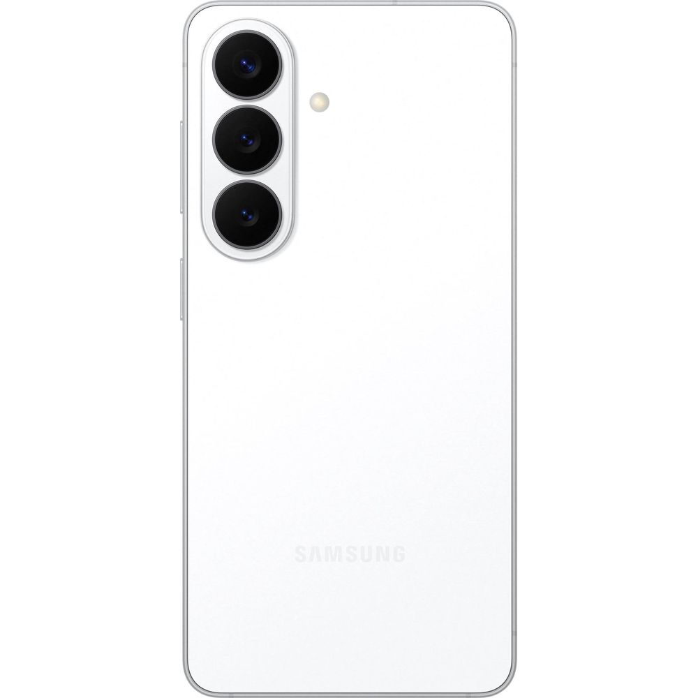 Ein weißes Smartphone mit drei Kameras und Blitz oben links.