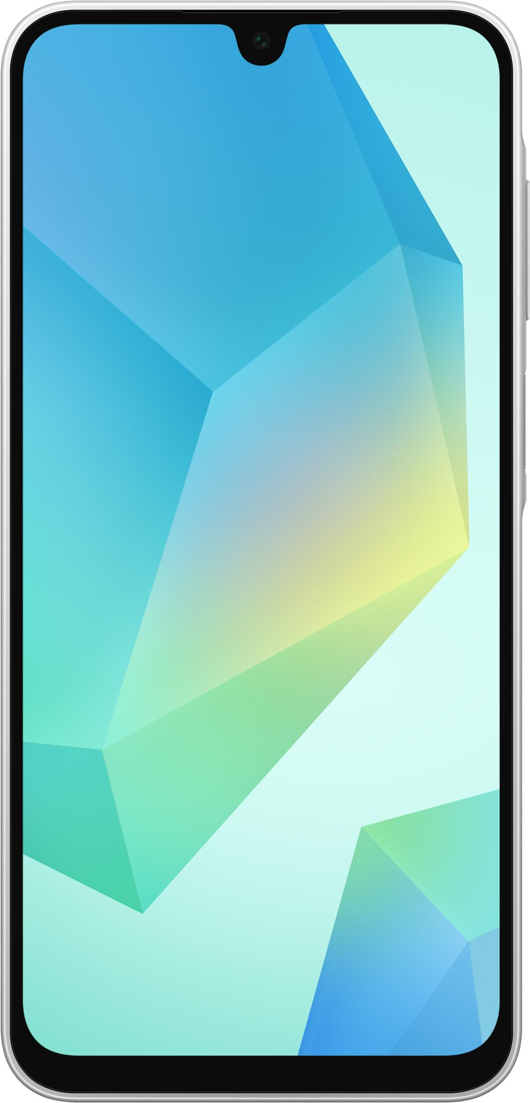 Ein Smartphone mit einem abstrakten, geometrischen Hintergrund in Blau- und Grüntönen.