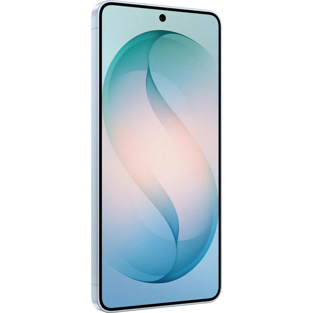 Ein schlankes, hellgraues Smartphone mit einem abstrakten, geschwungenen Hintergrund auf dem Bildschirm.