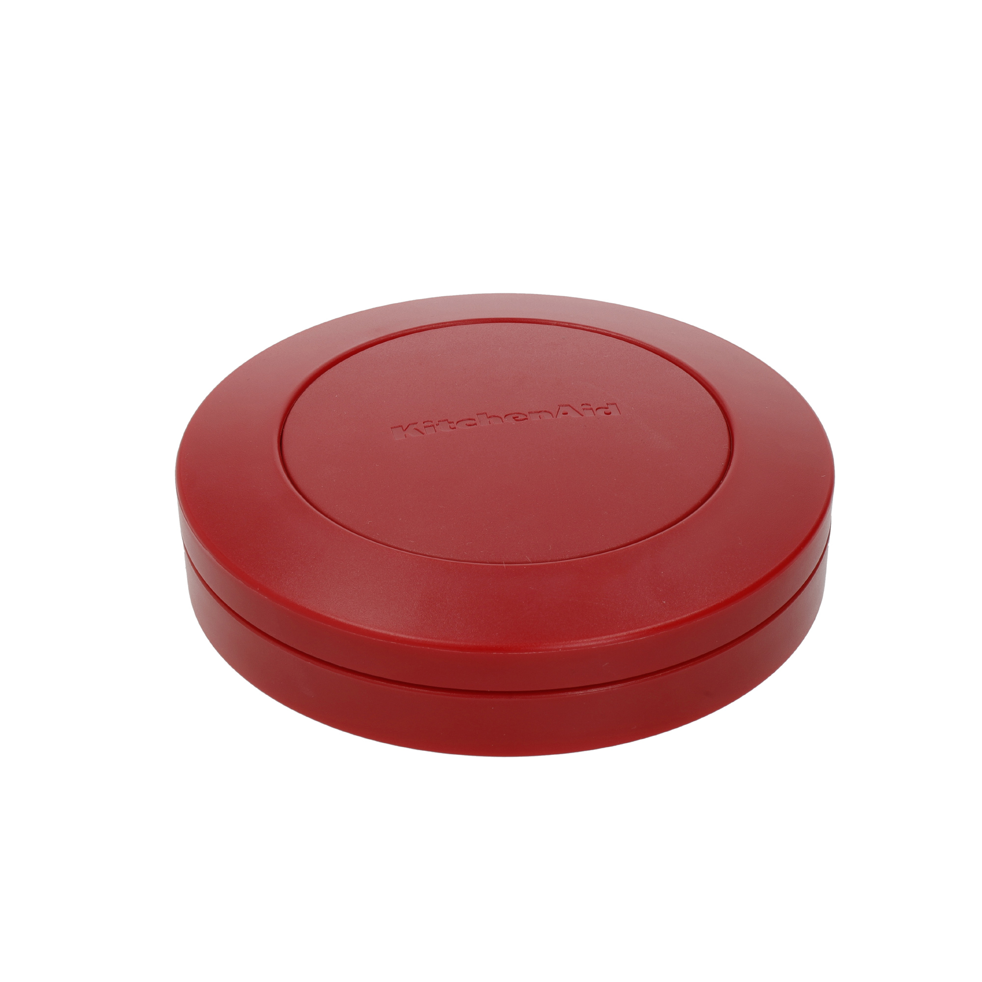 Rote runde KitchenAid-Abdeckung mit Logo auf weißem Hintergrund.