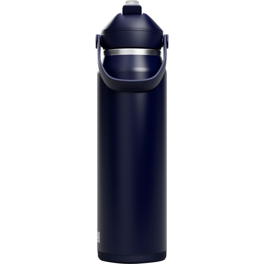 Eine dunkelblaue Trinkflasche mit Henkel und silbernem Ring am Deckel.