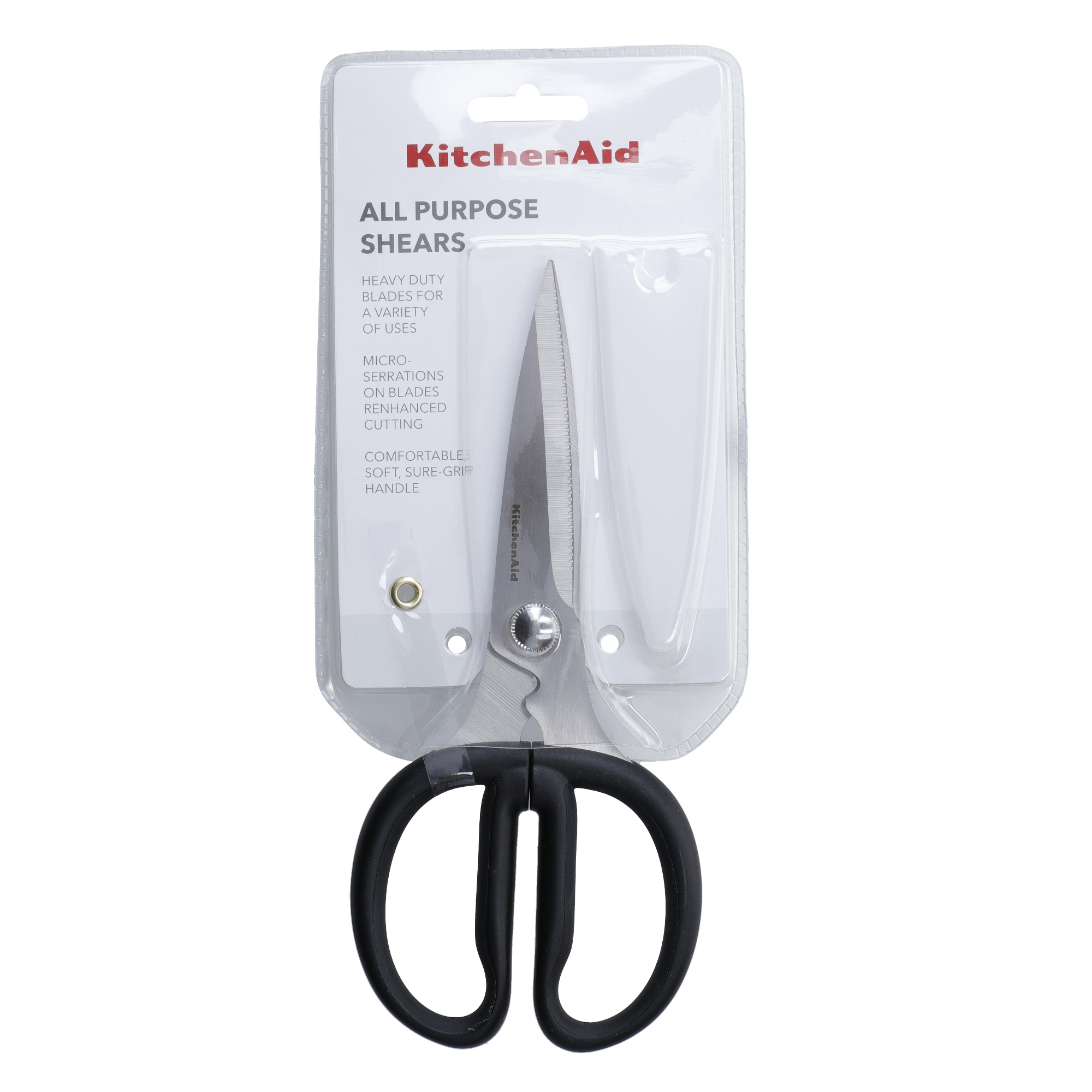 KitchenAid Allzweckschere in Verpackung mit schwarzen Griffen und gezackten Klingen.