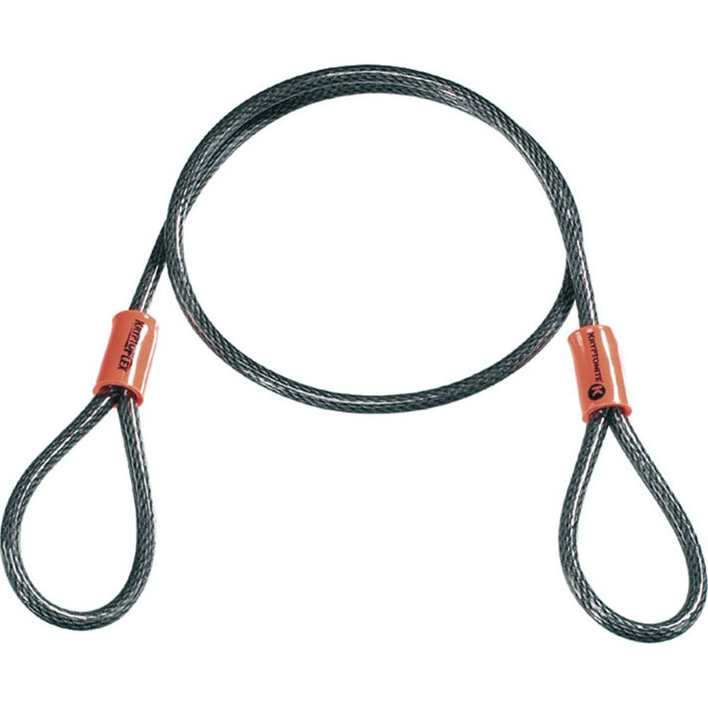 Ein graues Stahlkabel mit zwei Schlaufen und orangefarbenen Endstücken.