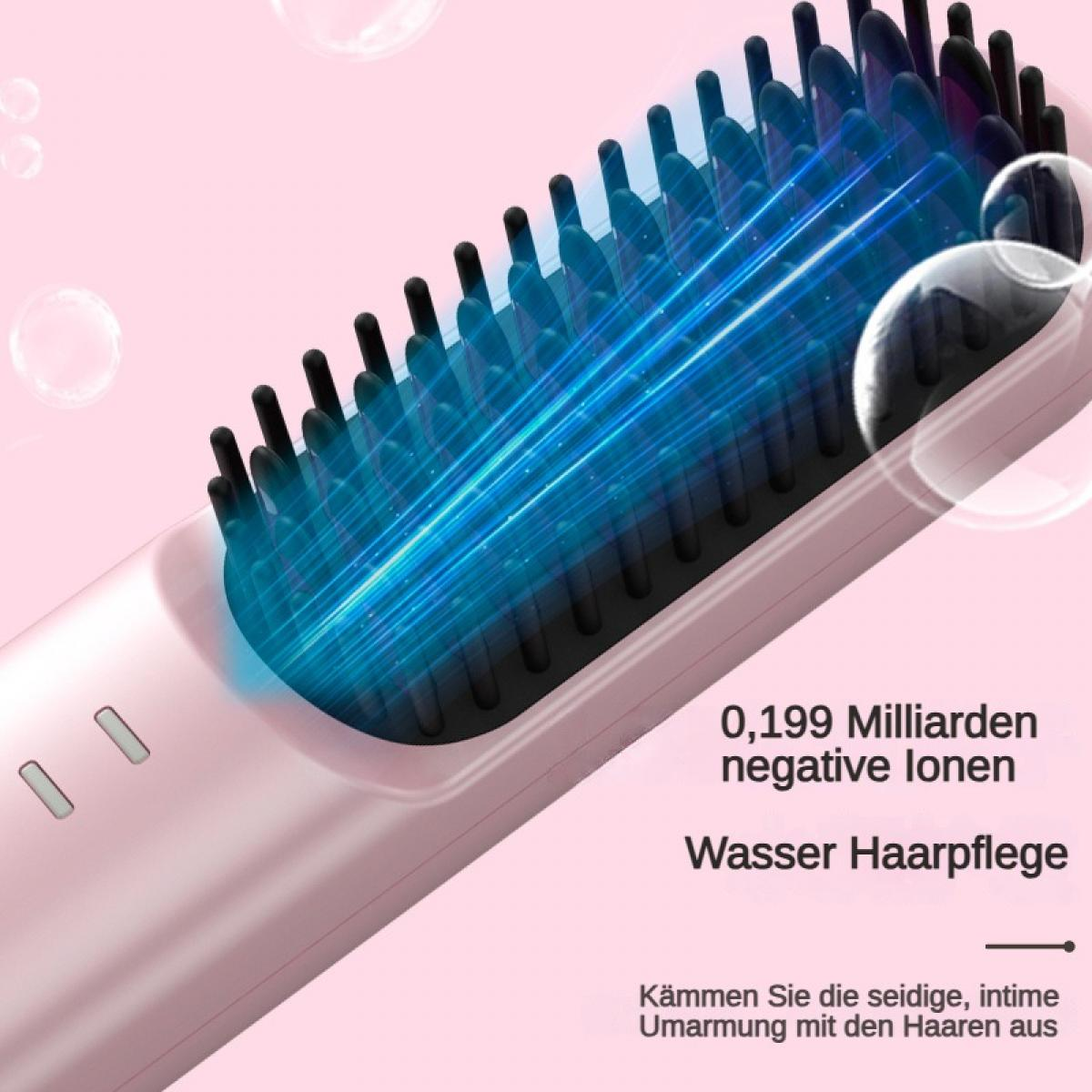 Ein pinker Kamm mit blauen Ionenstrahlen und Text über Haarpflege.